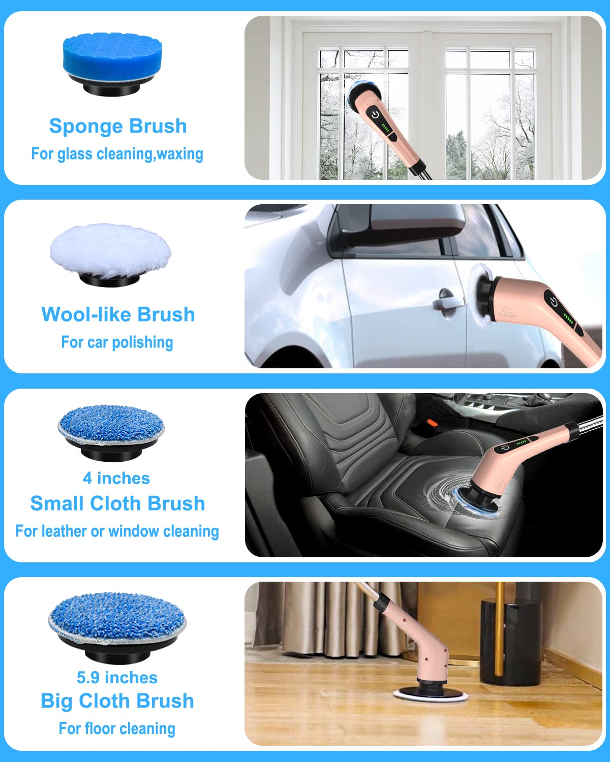 Leebein Electric Spin Scrubber, Cordless Cleaning Brush with 8 Replaceable Brush Heads, Tub and Floor Tile Power Scrubber Dual Speed with Adjustable & Detachable Handle for Bathroom Cleaning