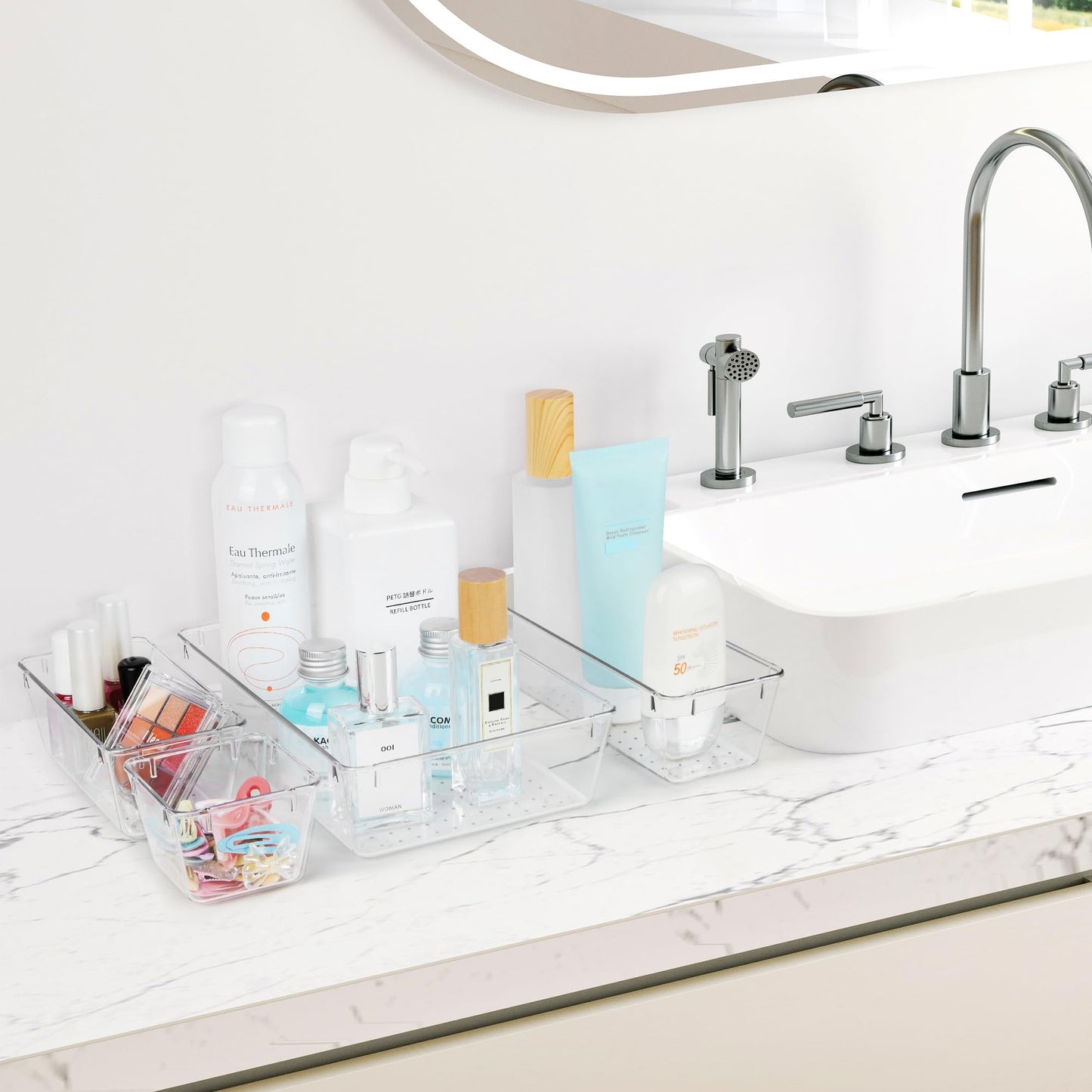 Vtopmart 25 PCS Plastic Clear Drawer Organizer, Acrylic Desk Drawer organizers, Organization and Storage for Makeup, Bathroom, Office, kitchen, Bedroom