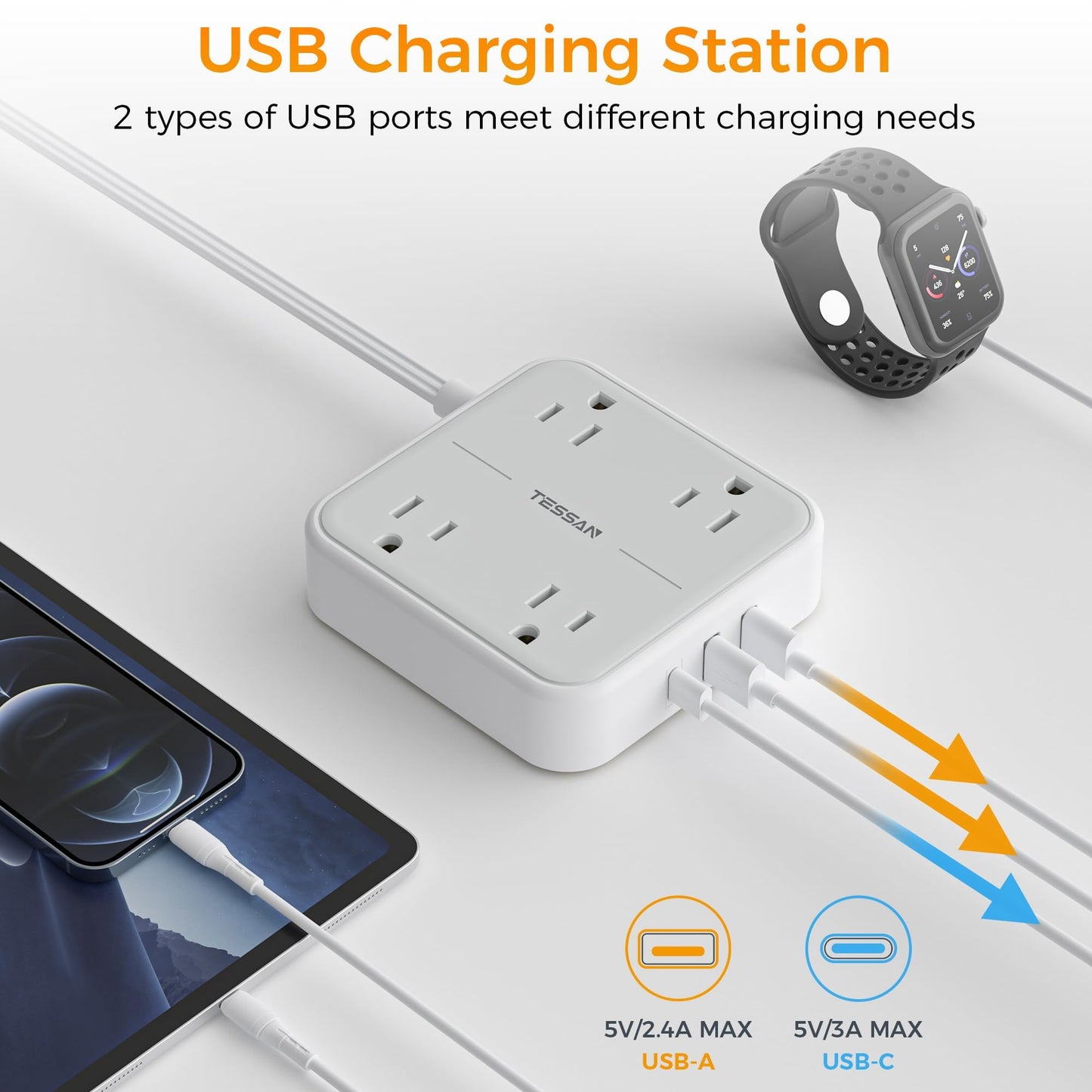Flat Plug Extension Cord Indoor 5 Feet, Power Bars with Surge Protector, TESSAN Power Strip with 4 Multiple Outlets 3 USB Ports (1 USB C), Surge Protection for Dorm Room Home Office, Gray