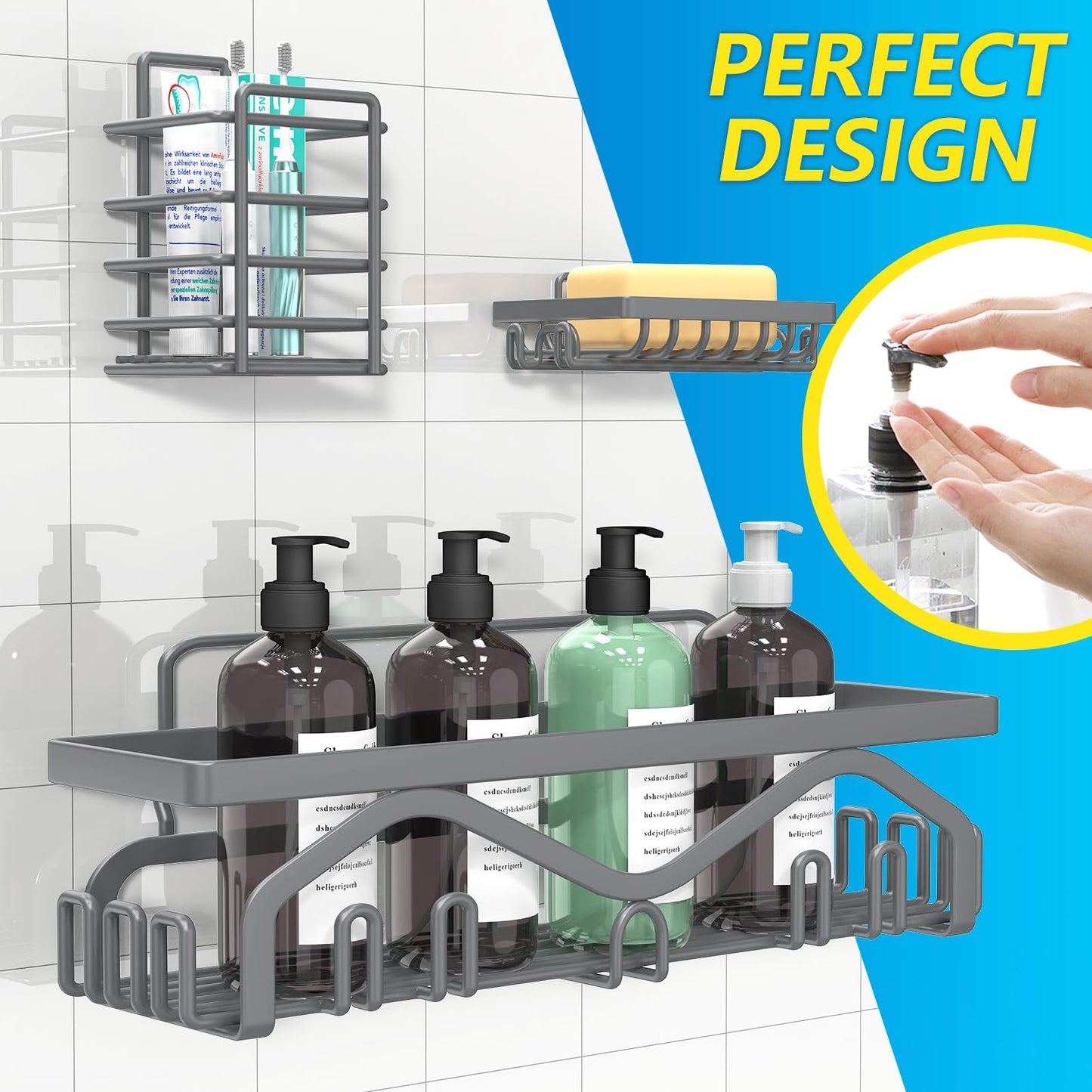 Coraje Adhesive Shower Caddy, 5-Pack Shower Shelves, Large Capacity Load Bearing 40 LBS Shower Organizer, No Drilling Shower Shelf, Rustproof Stainless Steel Bathroom Shower Storage, Black