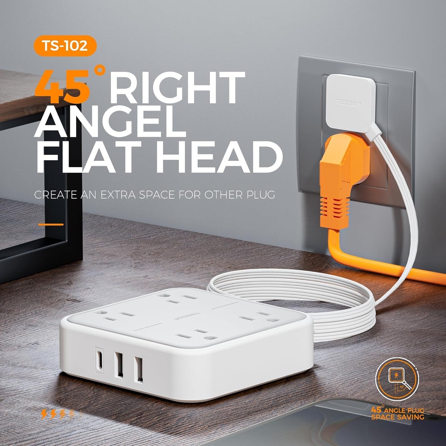Flat Plug Extension Cord Indoor 5 Feet, Power Bars with Surge Protector, TESSAN Power Strip with 4 Multiple Outlets 3 USB Ports (1 USB C), Surge Protection for Dorm Room Home Office, Gray