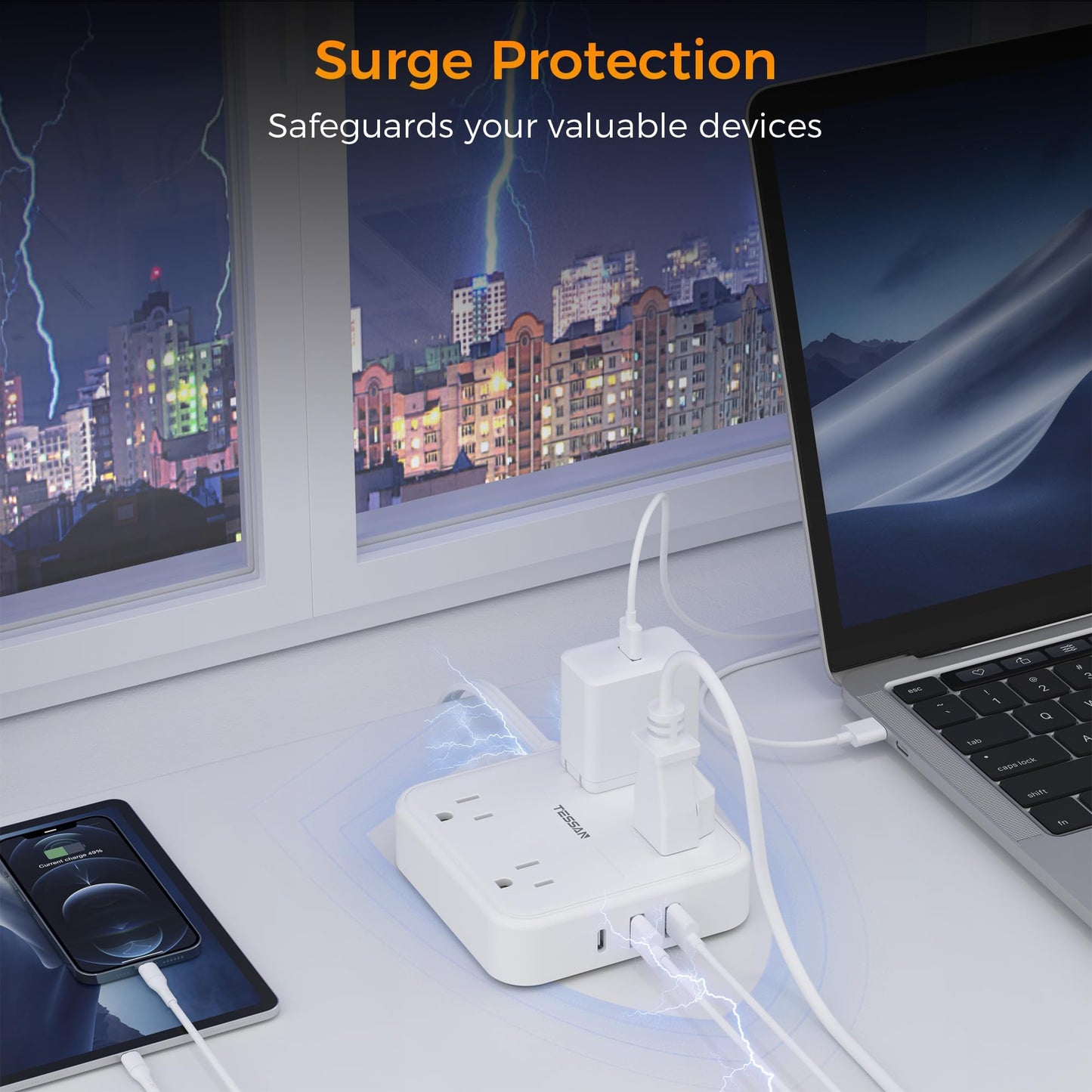 Flat Plug Extension Cord Indoor 5 Feet, Power Bars with Surge Protector, TESSAN Power Strip with 4 Multiple Outlets 3 USB Ports (1 USB C), Surge Protection for Dorm Room Home Office, Gray