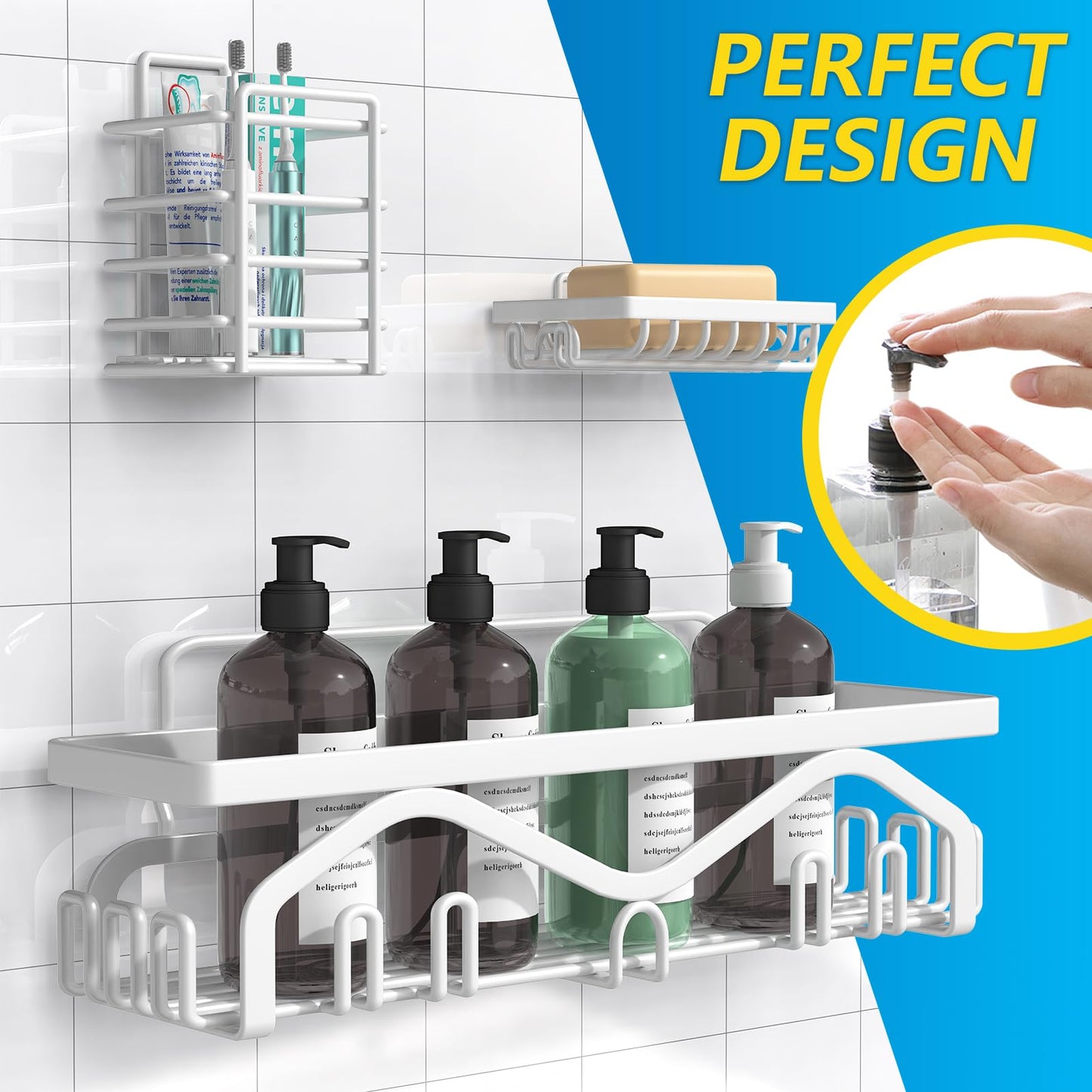 Coraje Adhesive Shower Caddy, 5-Pack Shower Shelves, Large Capacity Load Bearing 40 LBS Shower Organizer, No Drilling Shower Shelf, Rustproof Stainless Steel Bathroom Shower Storage, Black