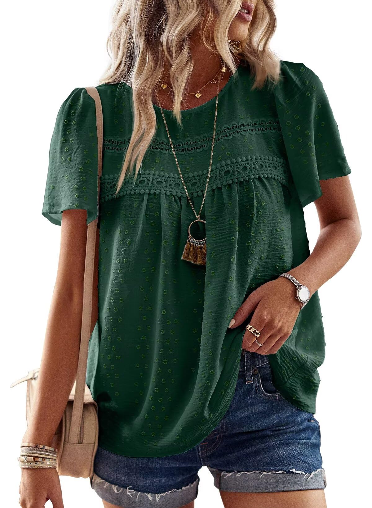 Womens Summer Tops Crewneck Short Sleeve Shirts Casual Chiffon Blouses Flowy Lace Hem Boho Clothing Trendy 2025