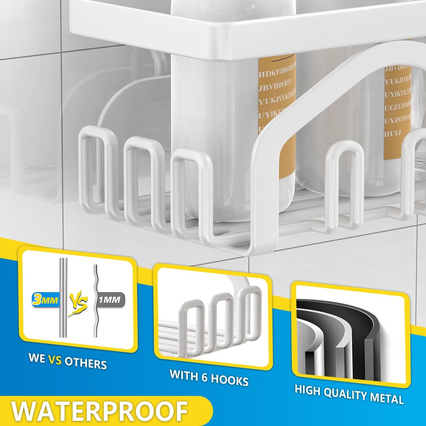 Coraje Adhesive Shower Caddy, 5-Pack Shower Shelves, Large Capacity Load Bearing 40 LBS Shower Organizer, No Drilling Shower Shelf, Rustproof Stainless Steel Bathroom Shower Storage, Black