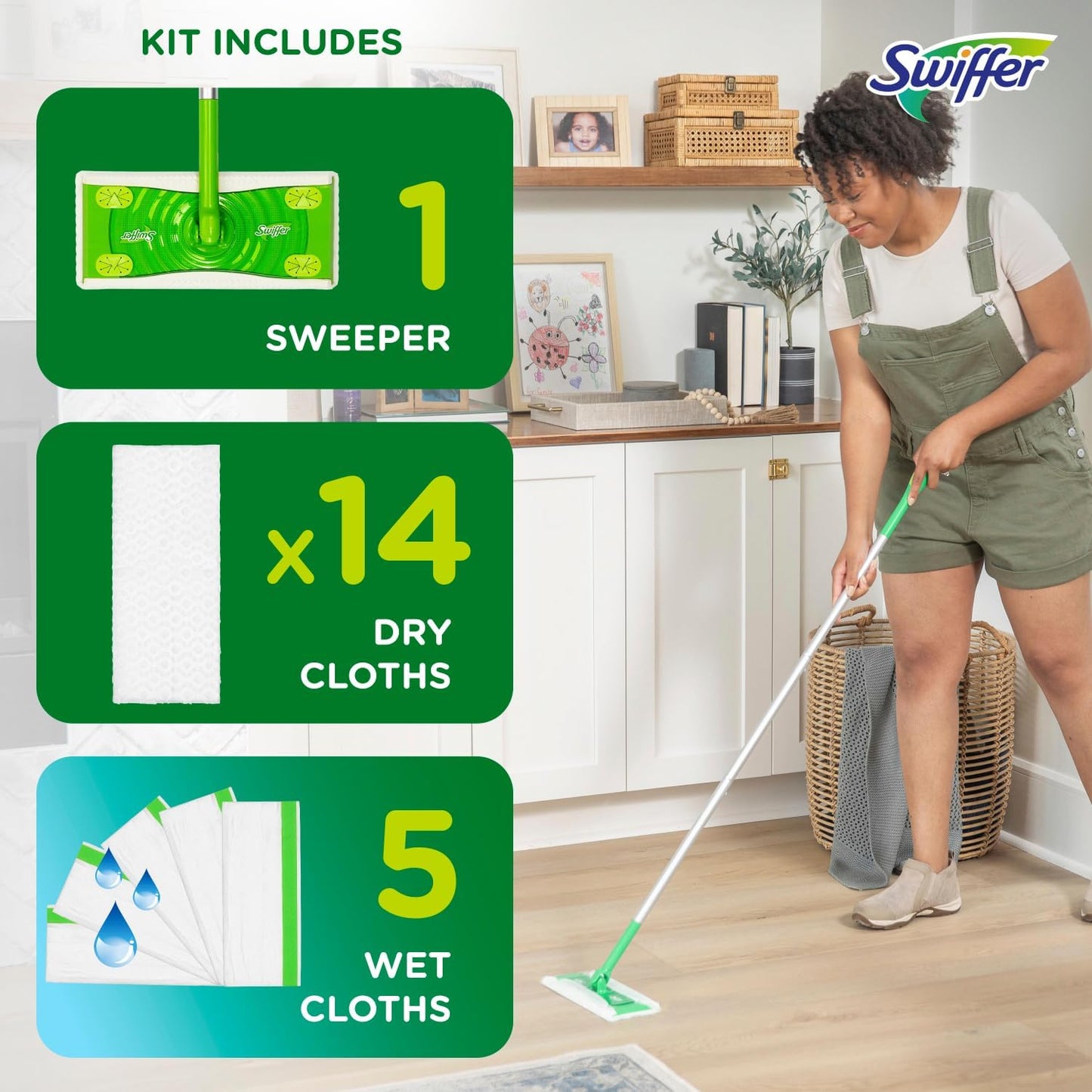 Swiffer Sweep + Mop, Broom & Mop Alternative, Dry & Wet Floor Cleaner for Dirt, Dust, Hair, All Purpose Cleaning Tool for Home, Bathroom, Kitchen, Set Includes 1 Sweeper, 14 Dry Pads, 5 Wet Pads Fresh