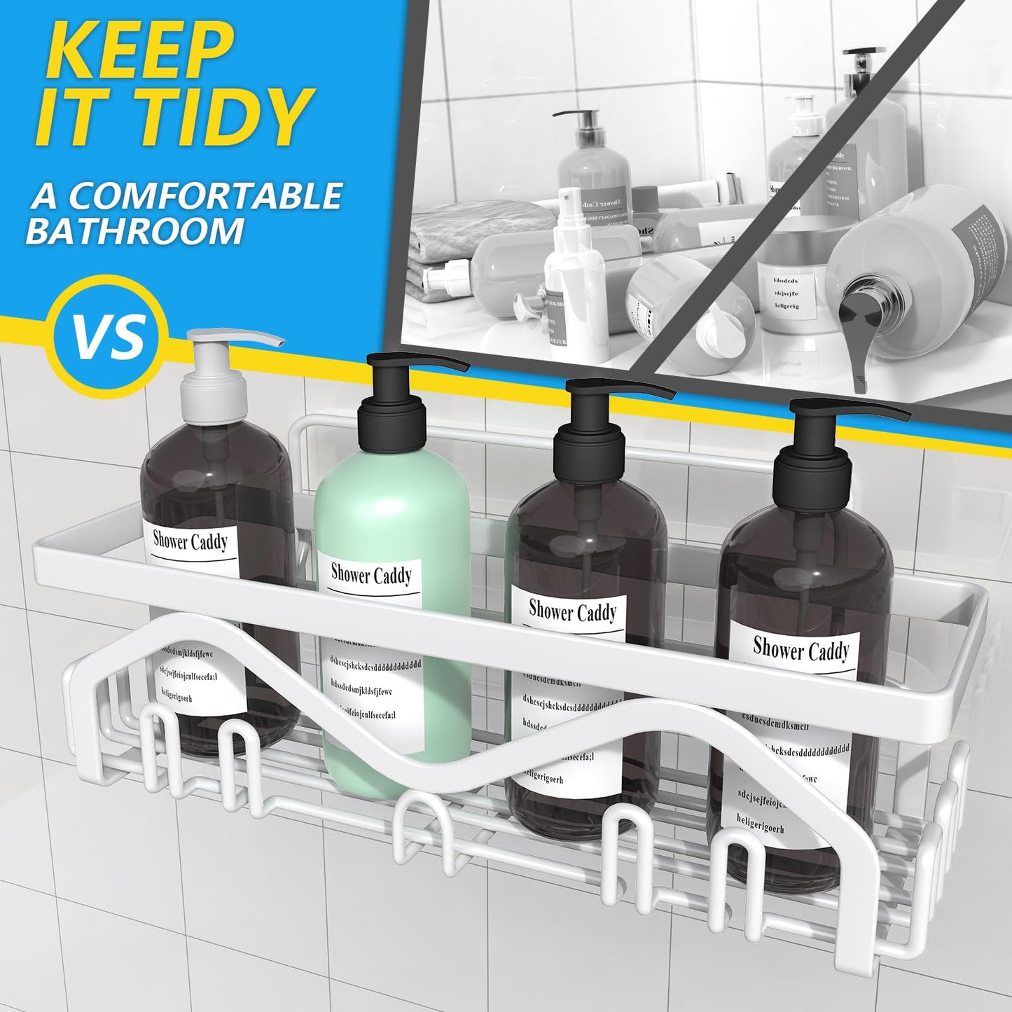 Coraje Adhesive Shower Caddy, 5-Pack Shower Shelves, Large Capacity Load Bearing 40 LBS Shower Organizer, No Drilling Shower Shelf, Rustproof Stainless Steel Bathroom Shower Storage, Black