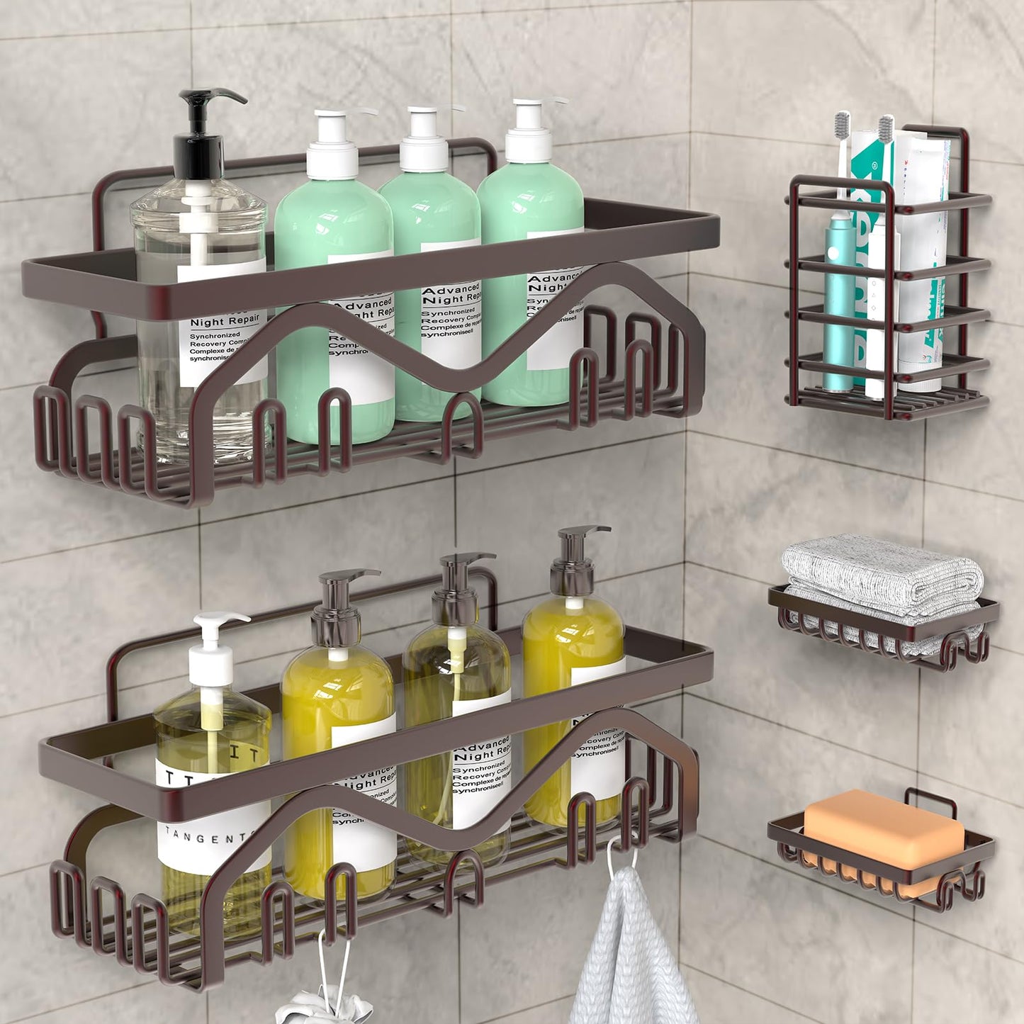 Coraje Adhesive Shower Caddy, 5-Pack Shower Shelves, Large Capacity Load Bearing 40 LBS Shower Organizer, No Drilling Shower Shelf, Rustproof Stainless Steel Bathroom Shower Storage, Black