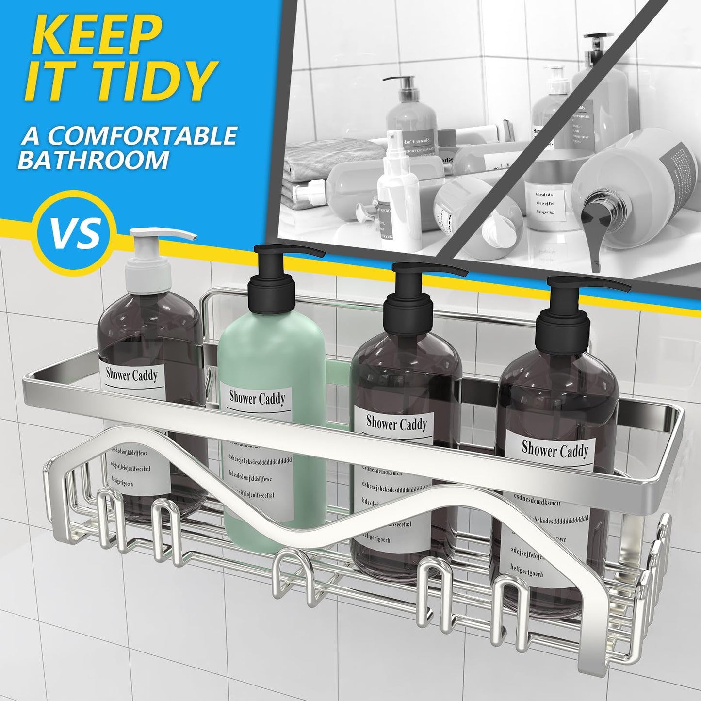 Coraje Adhesive Shower Caddy, 5-Pack Shower Shelves, Large Capacity Load Bearing 40 LBS Shower Organizer, No Drilling Shower Shelf, Rustproof Stainless Steel Bathroom Shower Storage, Black