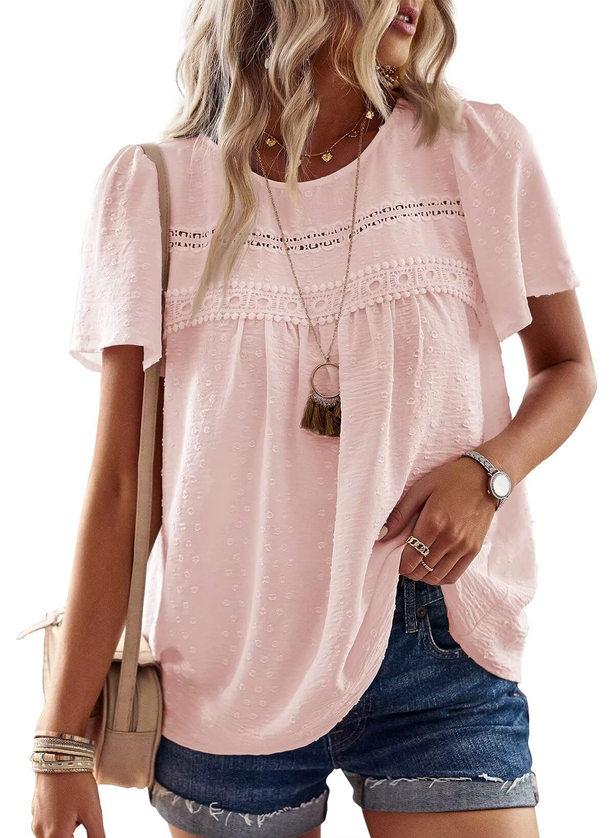 Womens Summer Tops Crewneck Short Sleeve Shirts Casual Chiffon Blouses Flowy Lace Hem Boho Clothing Trendy 2025