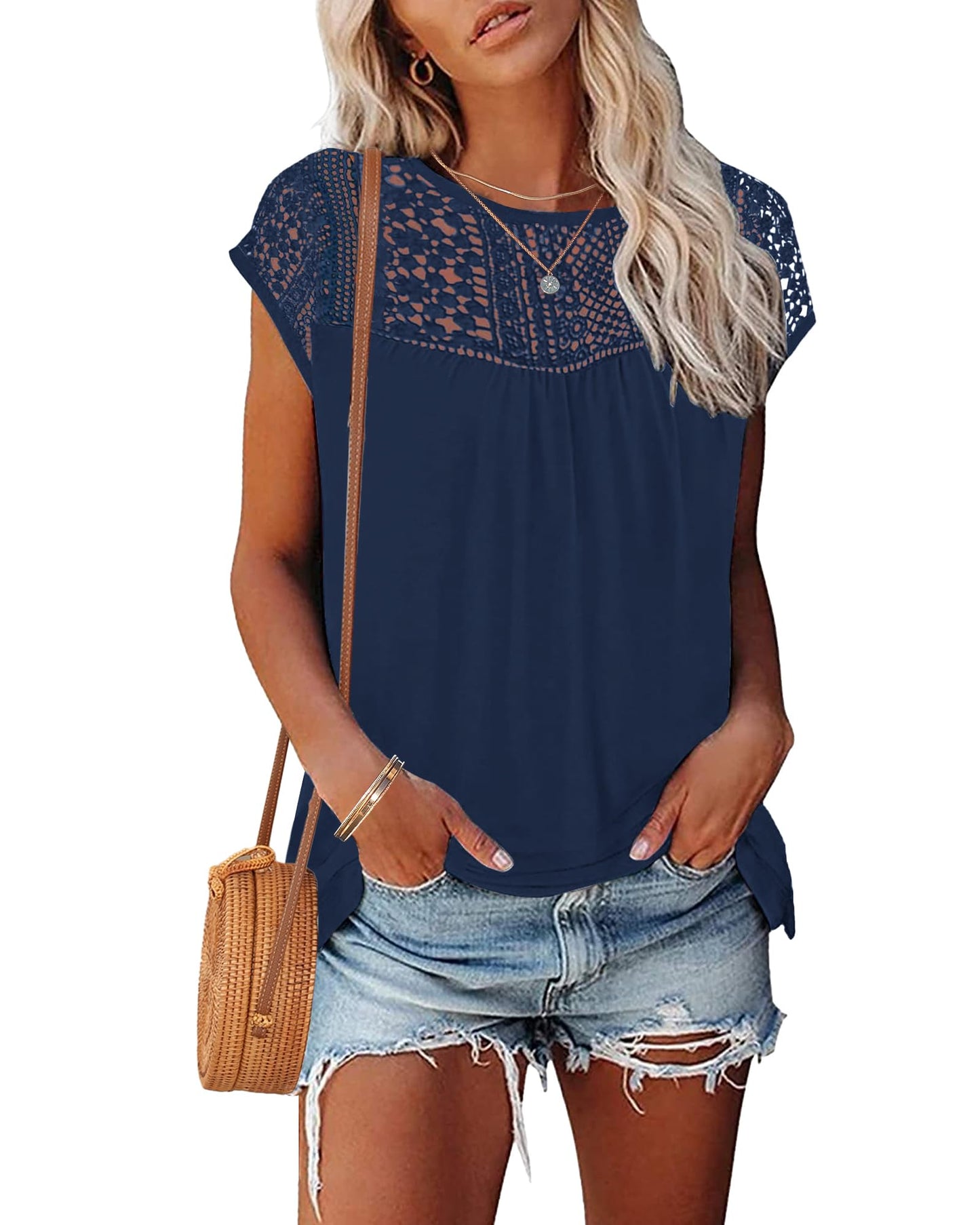 WNEEDU Women's Summer T Shirts Casual Crew Neck Lace Trim Ladies Tops 2025 New