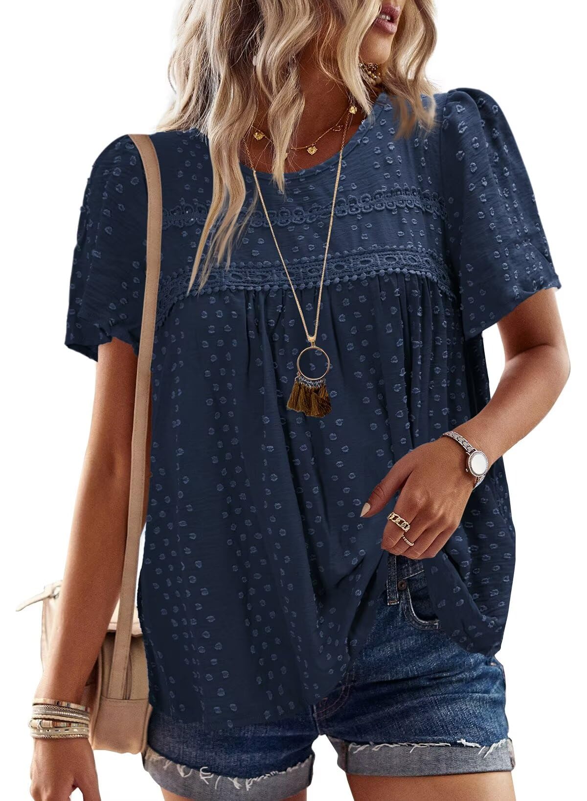 Womens Summer Tops Crewneck Short Sleeve Shirts Casual Chiffon Blouses Flowy Lace Hem Boho Clothing Trendy 2025