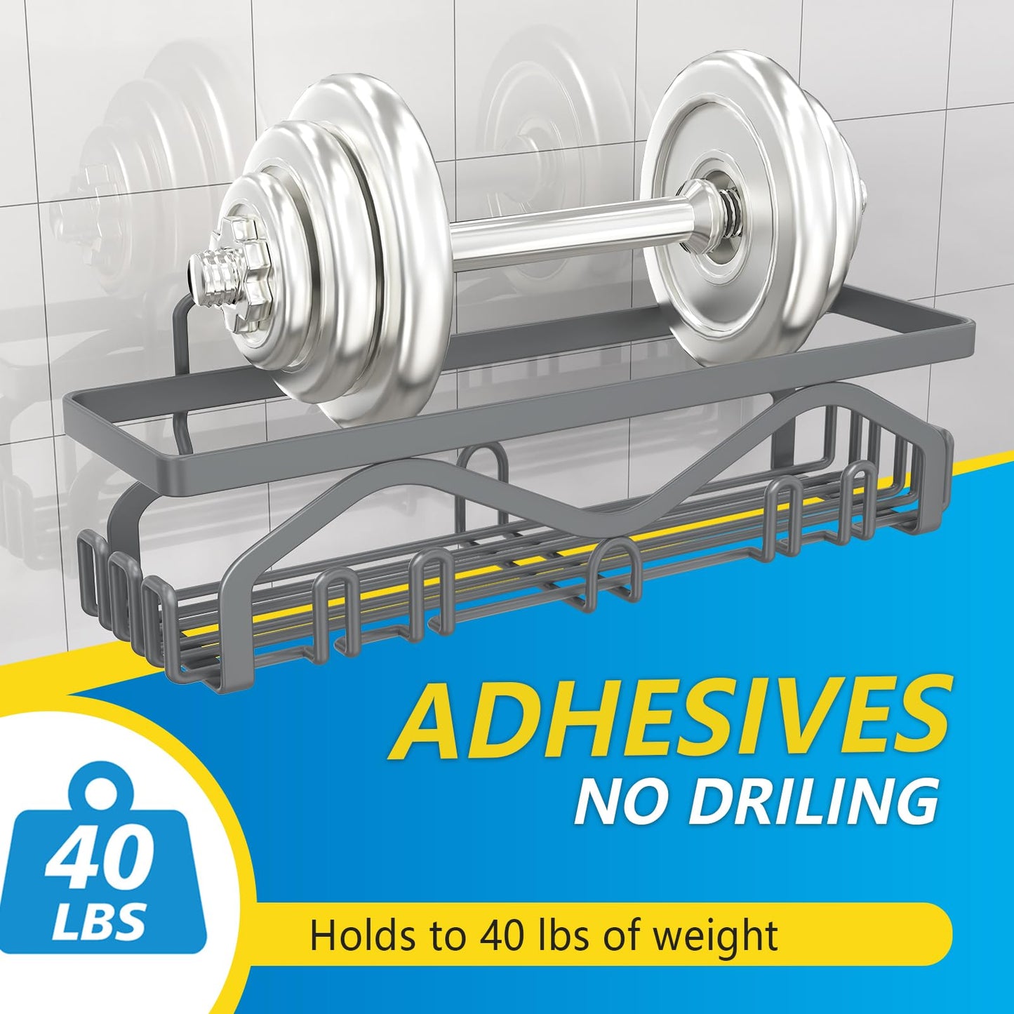 Coraje Adhesive Shower Caddy, 5-Pack Shower Shelves, Large Capacity Load Bearing 40 LBS Shower Organizer, No Drilling Shower Shelf, Rustproof Stainless Steel Bathroom Shower Storage, Black