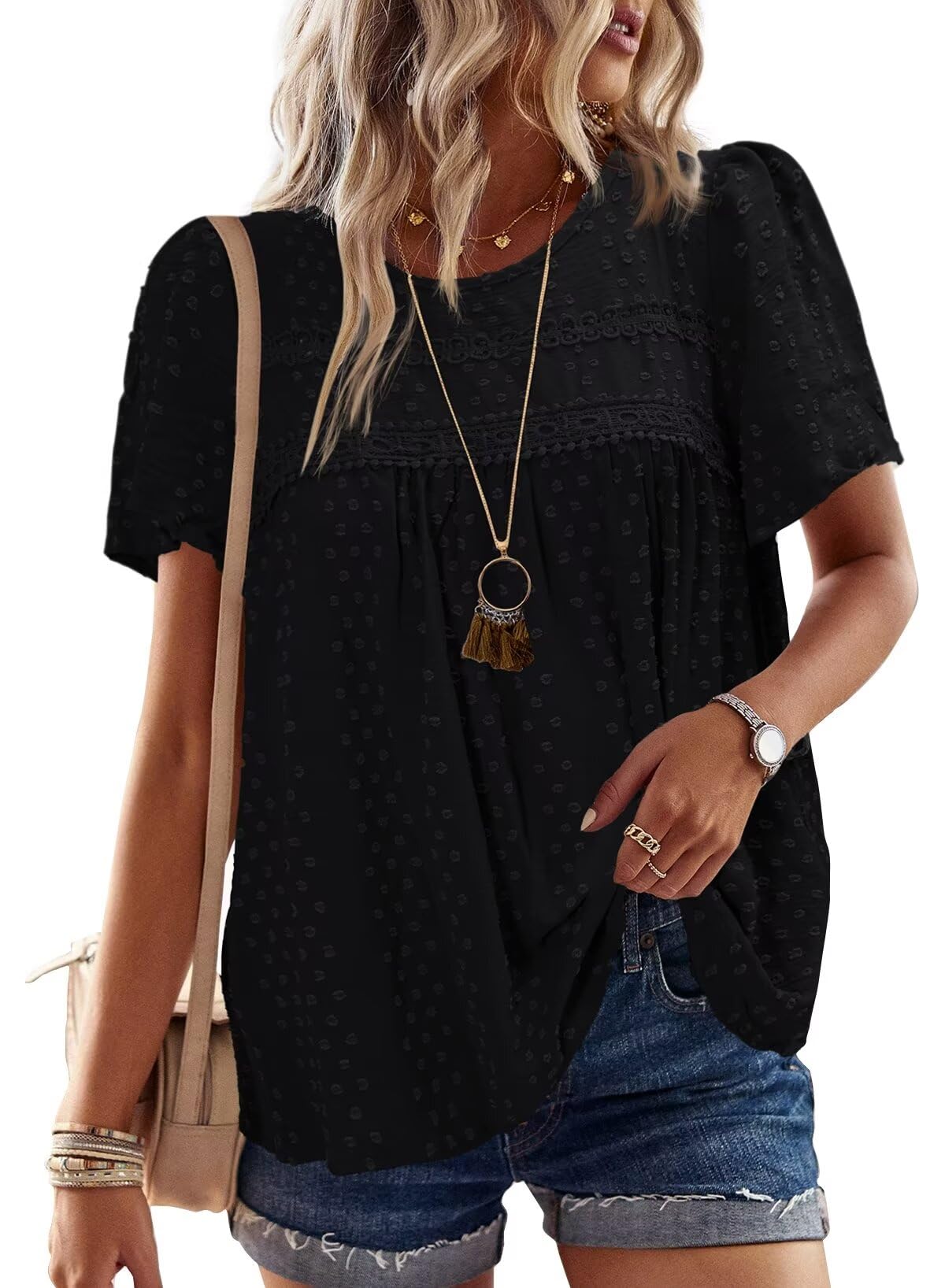 Womens Summer Tops Crewneck Short Sleeve Shirts Casual Chiffon Blouses Flowy Lace Hem Boho Clothing Trendy 2025