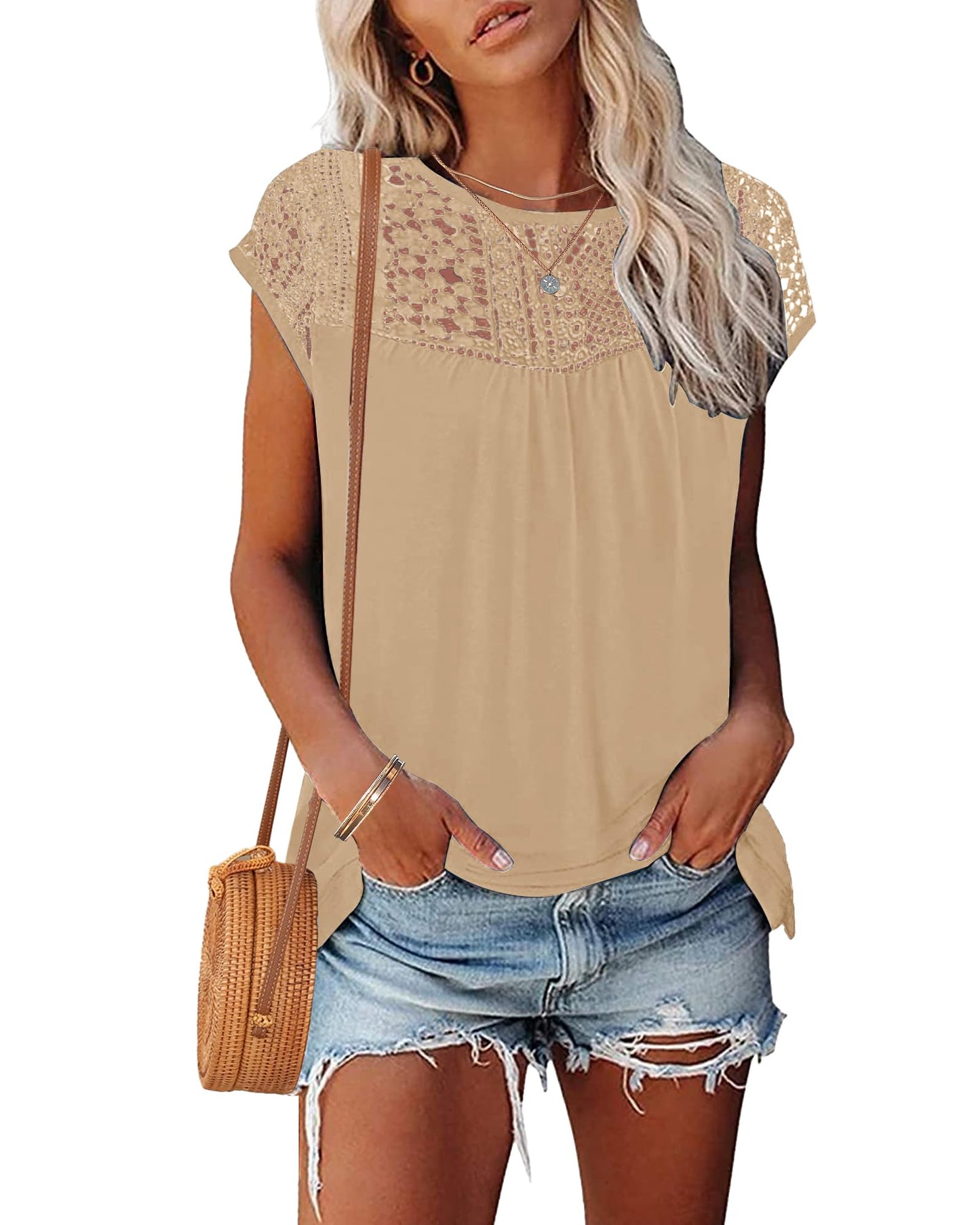 WNEEDU Women's Summer T Shirts Casual Crew Neck Lace Trim Ladies Tops 2025 New