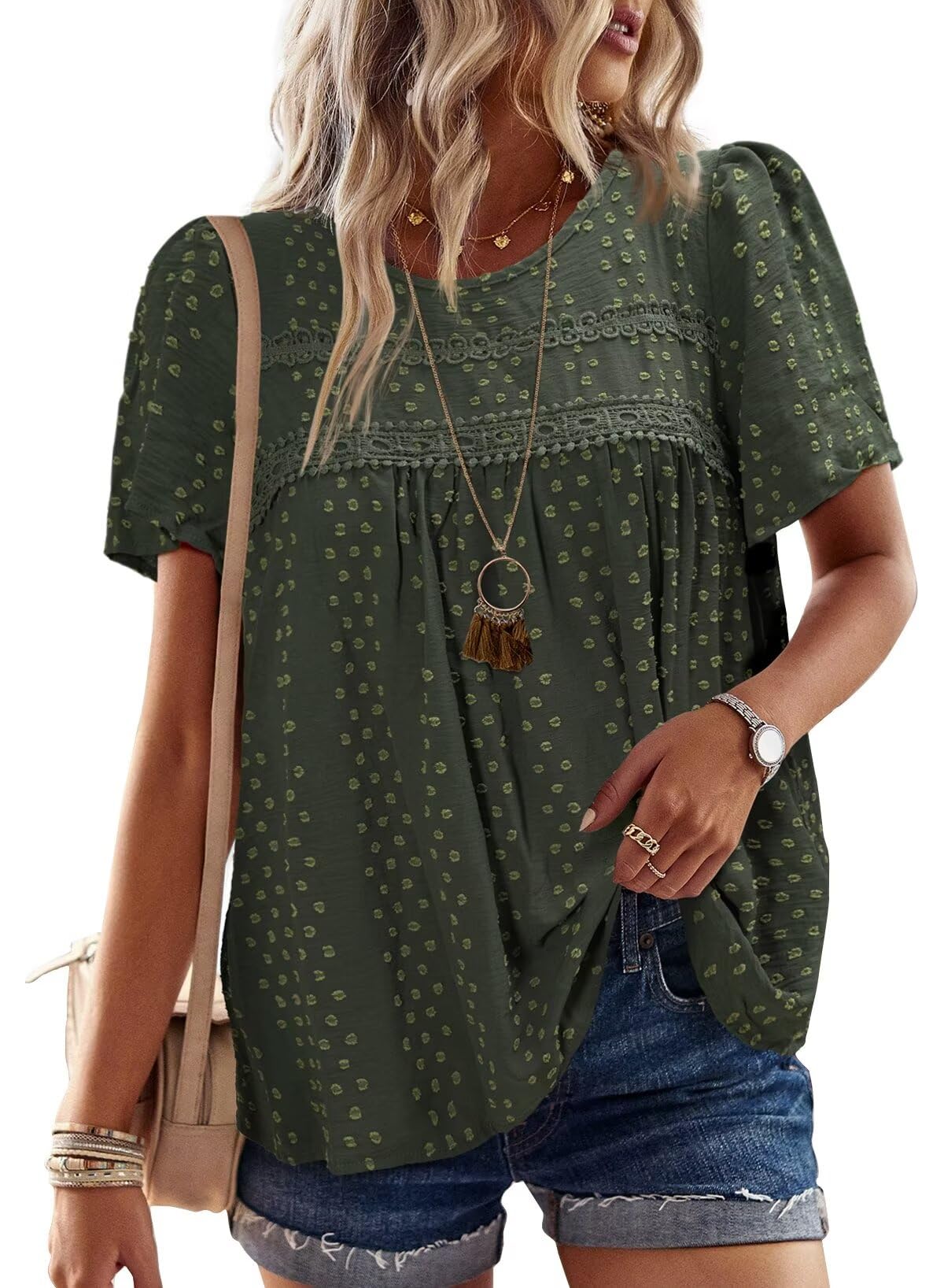 Womens Summer Tops Crewneck Short Sleeve Shirts Casual Chiffon Blouses Flowy Lace Hem Boho Clothing Trendy 2025
