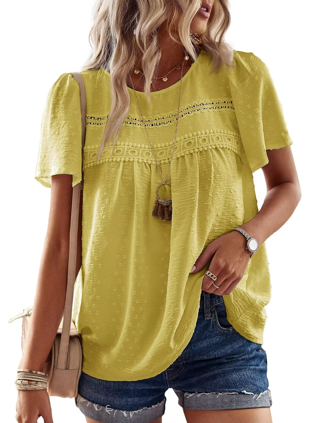 Womens Summer Tops Crewneck Short Sleeve Shirts Casual Chiffon Blouses Flowy Lace Hem Boho Clothing Trendy 2025