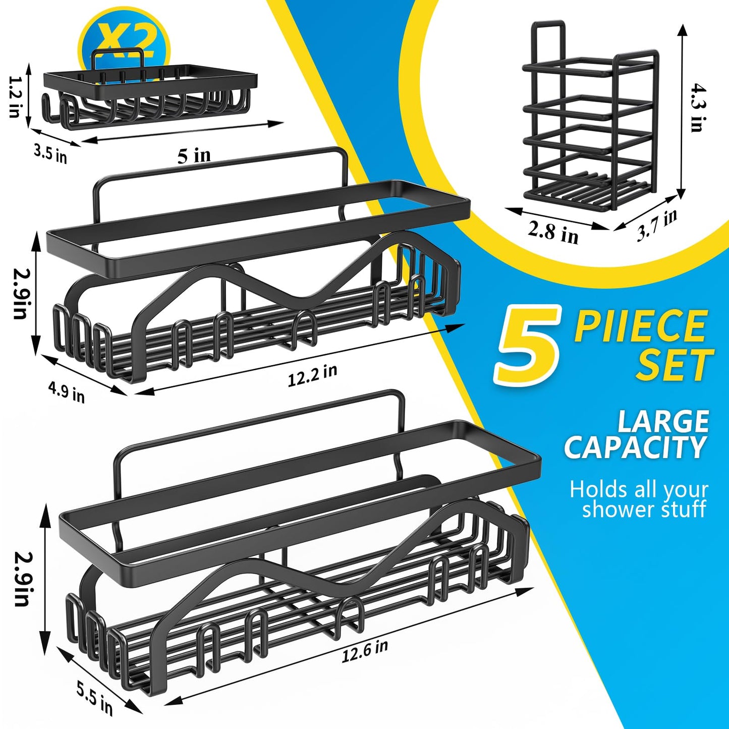 Coraje Adhesive Shower Caddy, 5-Pack Shower Shelves, Large Capacity Load Bearing 40 LBS Shower Organizer, No Drilling Shower Shelf, Rustproof Stainless Steel Bathroom Shower Storage, Black