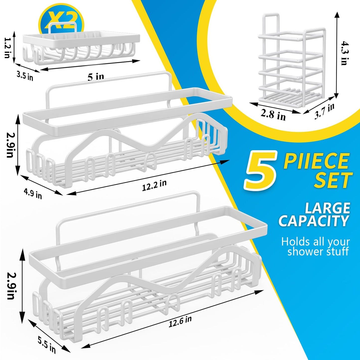 Coraje Adhesive Shower Caddy, 5-Pack Shower Shelves, Large Capacity Load Bearing 40 LBS Shower Organizer, No Drilling Shower Shelf, Rustproof Stainless Steel Bathroom Shower Storage, Black