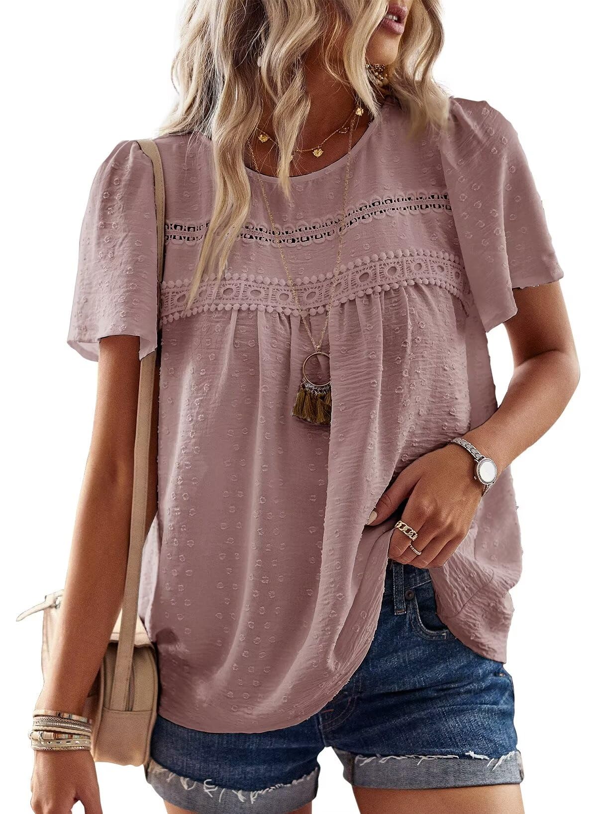 Womens Summer Tops Crewneck Short Sleeve Shirts Casual Chiffon Blouses Flowy Lace Hem Boho Clothing Trendy 2025