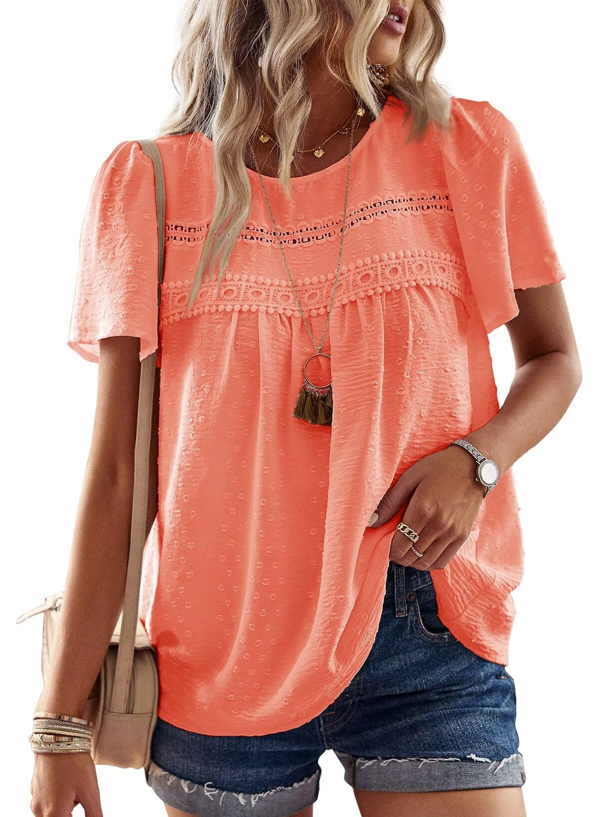 Womens Summer Tops Crewneck Short Sleeve Shirts Casual Chiffon Blouses Flowy Lace Hem Boho Clothing Trendy 2025