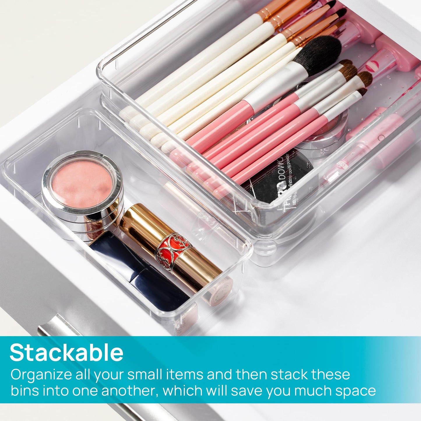 Vtopmart 25 PCS Plastic Clear Drawer Organizer, Acrylic Desk Drawer organizers, Organization and Storage for Makeup, Bathroom, Office, kitchen, Bedroom