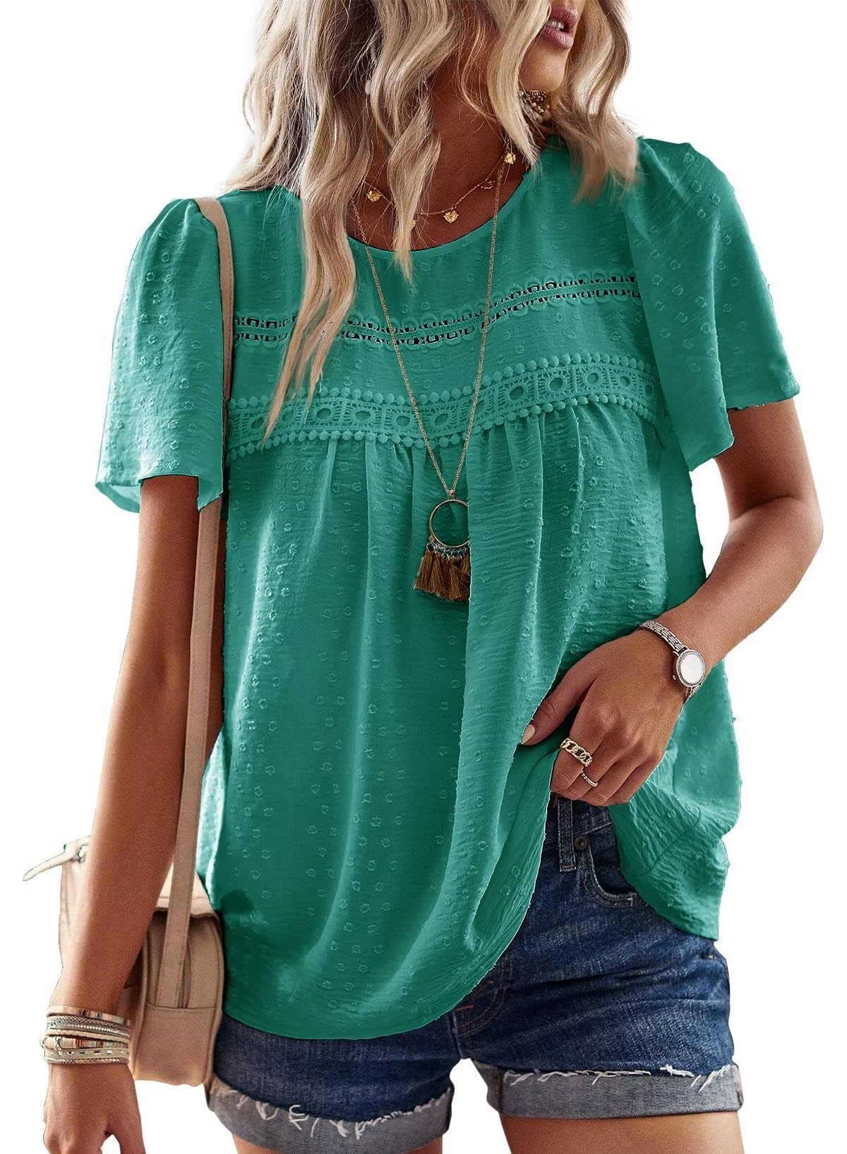 Womens Summer Tops Crewneck Short Sleeve Shirts Casual Chiffon Blouses Flowy Lace Hem Boho Clothing Trendy 2025