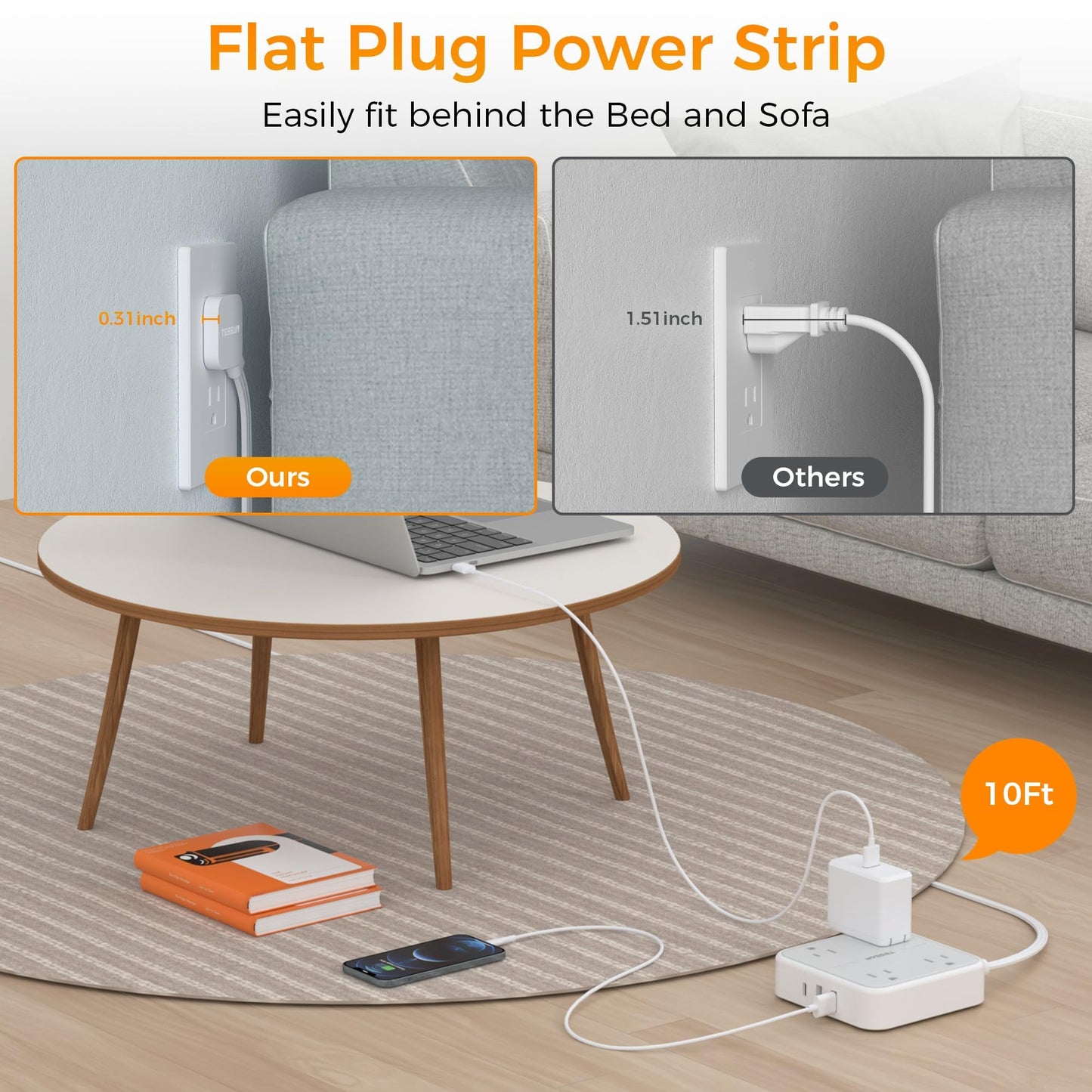 Flat Plug Extension Cord Indoor 5 Feet, Power Bars with Surge Protector, TESSAN Power Strip with 4 Multiple Outlets 3 USB Ports (1 USB C), Surge Protection for Dorm Room Home Office, Gray