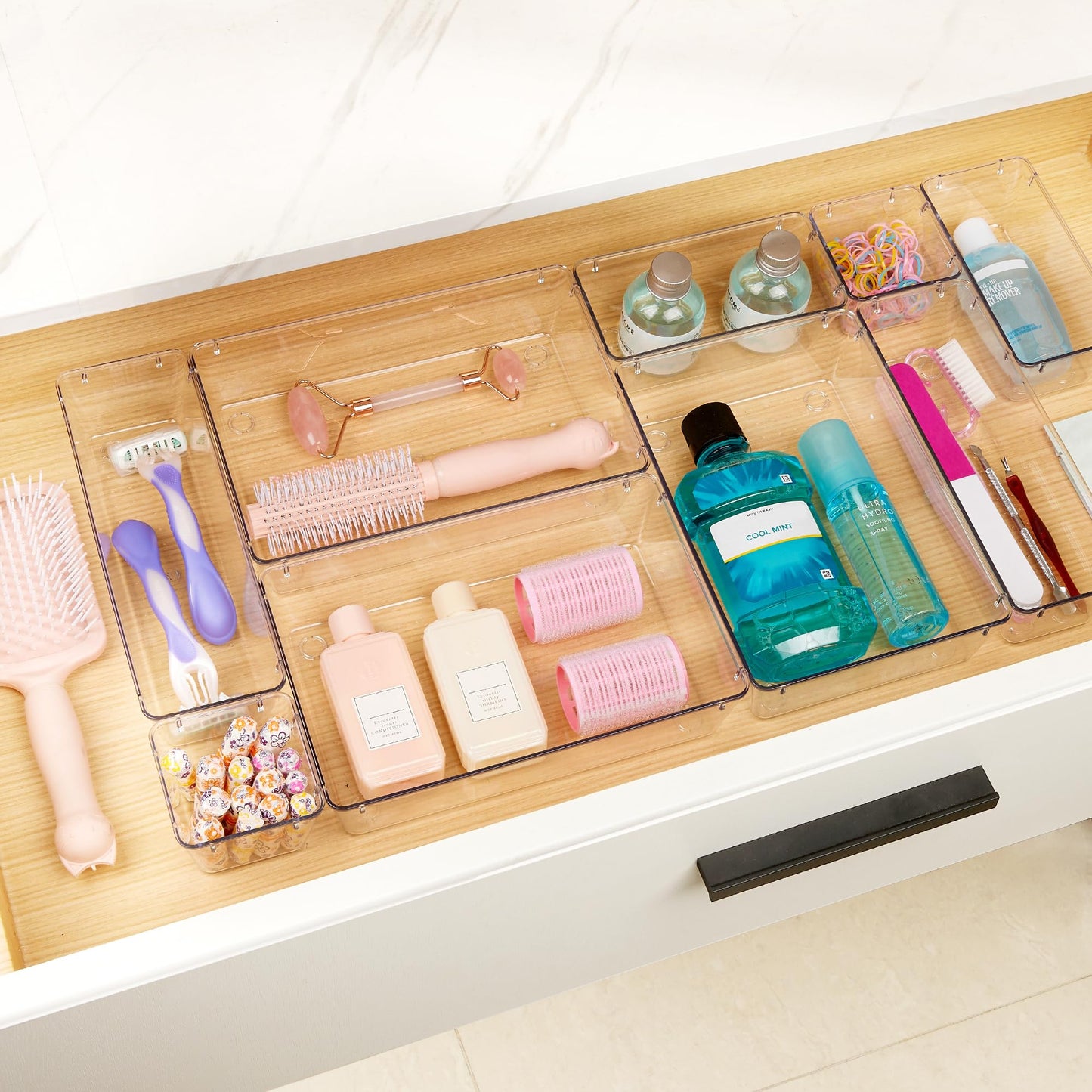 Vtopmart 25 PCS Plastic Clear Drawer Organizer, Acrylic Desk Drawer organizers, Organization and Storage for Makeup, Bathroom, Office, kitchen, Bedroom