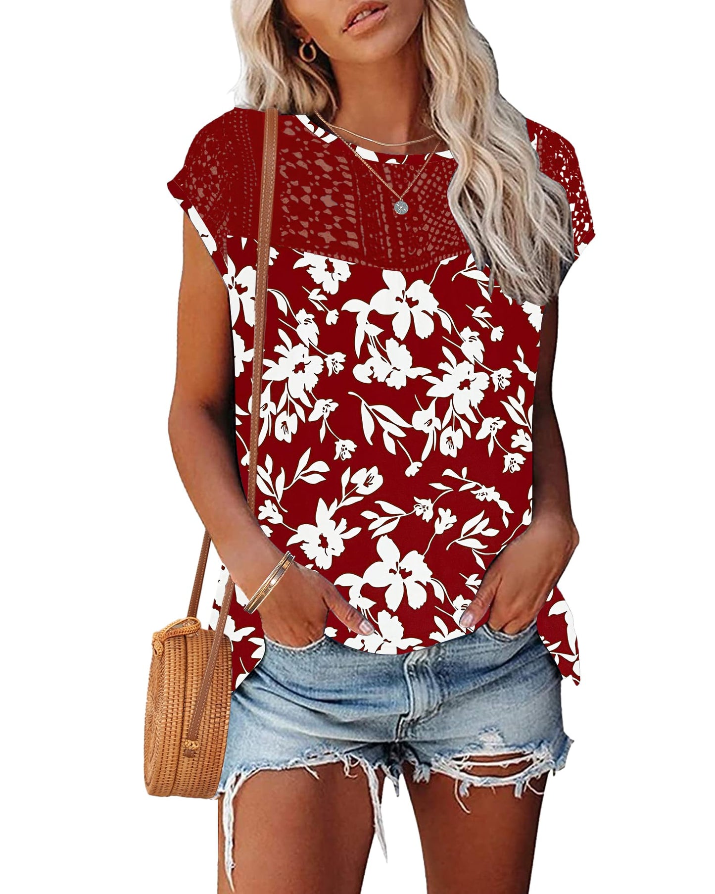 WNEEDU Women's Summer T Shirts Casual Crew Neck Lace Trim Ladies Tops 2025 New