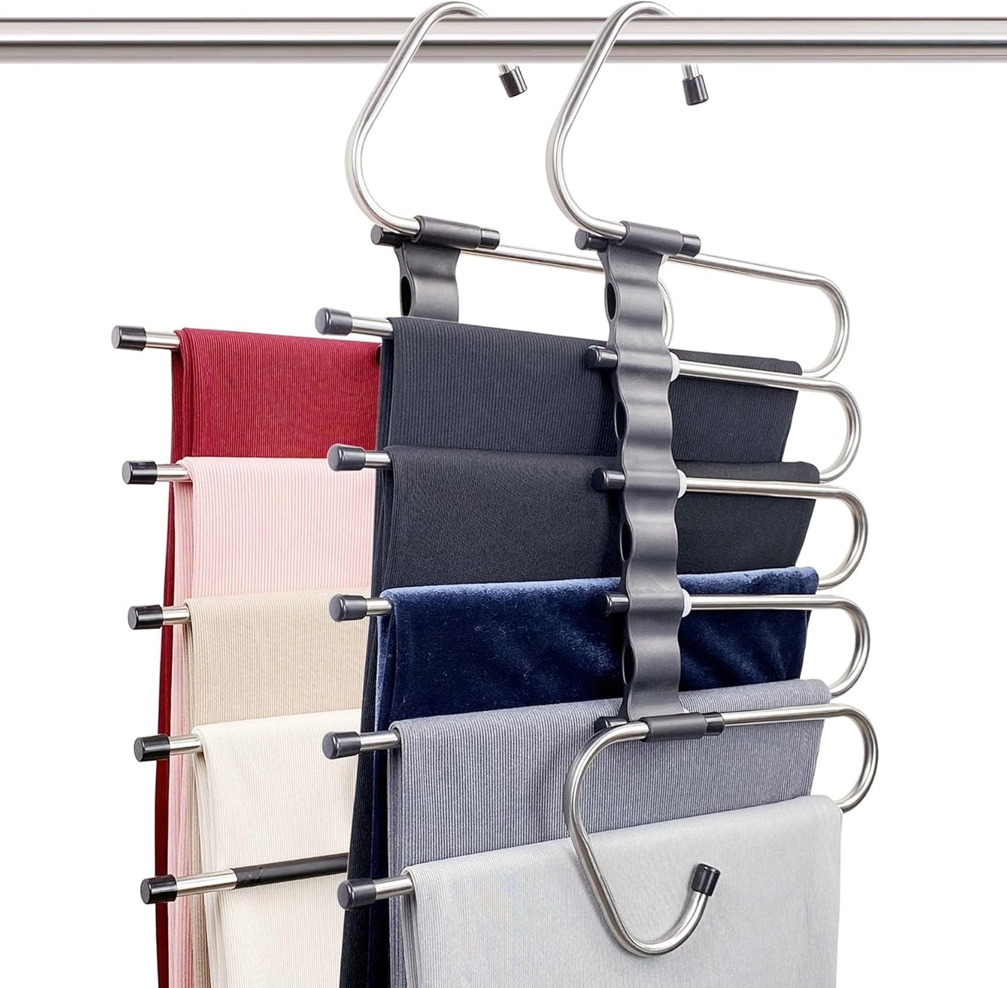 Feerahozer Magic Pants Hangers Space Saving - 2 Pack for Closet Multiple Layers Multifunctional Uses Rack Organizer for Trousers Scarves Slack (2 Pack with 10 Metal Clips)