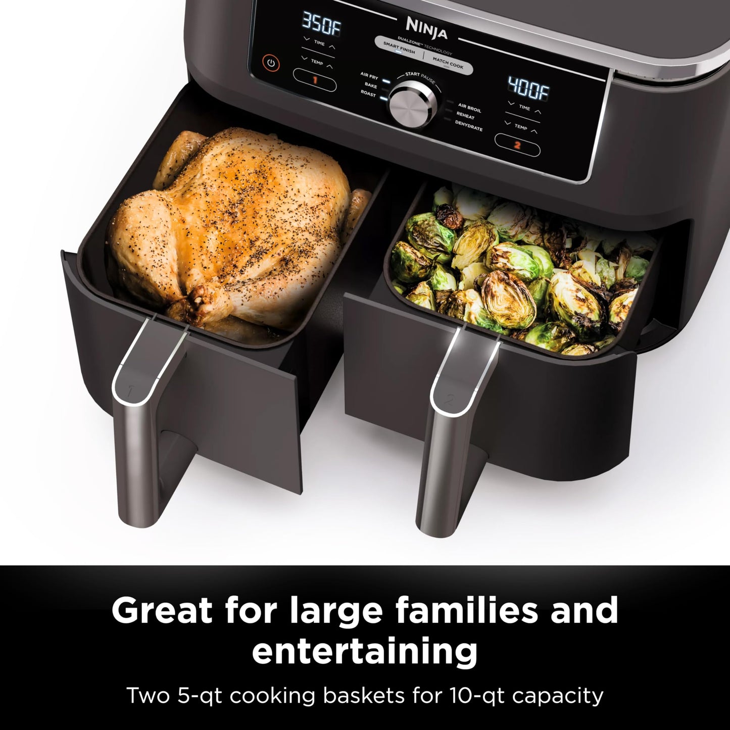 Ninja Foodi 6-in-1 8-qt. (7.6L) 2-Basket Air Fryer DualZone Technology, Match Cook & Smart Finish to Roast, Broil, Dehydrate & More for Quick, Easy Meals, Slate Grey (DZ201C) Canadian Version
