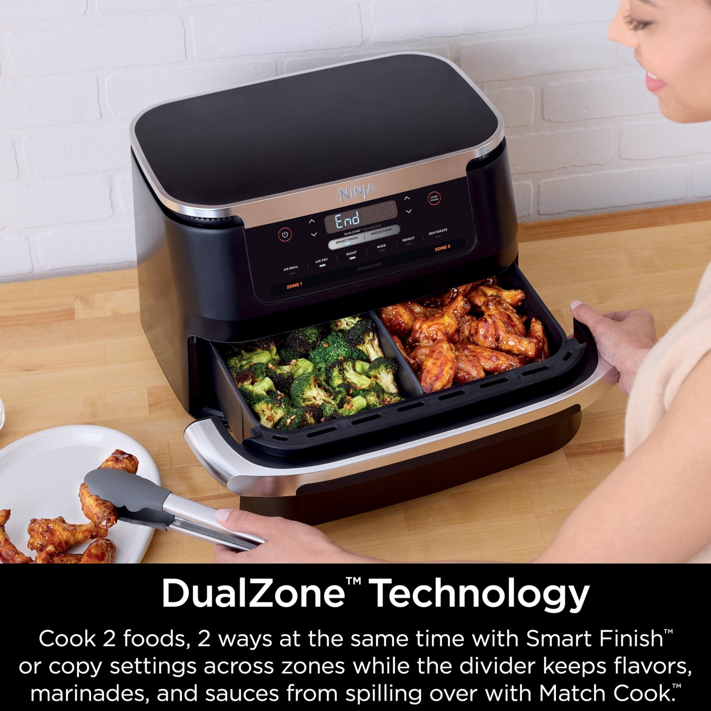 Ninja Foodi 6-in-1 8-qt. (7.6L) 2-Basket Air Fryer DualZone Technology, Match Cook & Smart Finish to Roast, Broil, Dehydrate & More for Quick, Easy Meals, Slate Grey (DZ201C) Canadian Version