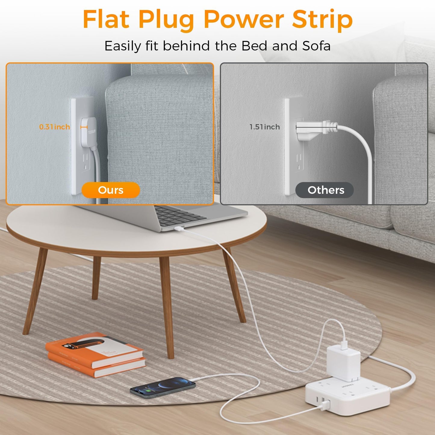 Flat Plug Extension Cord Indoor 5 Feet, Power Bars with Surge Protector, TESSAN Power Strip with 4 Multiple Outlets 3 USB Ports (1 USB C), Surge Protection for Dorm Room Home Office, Gray