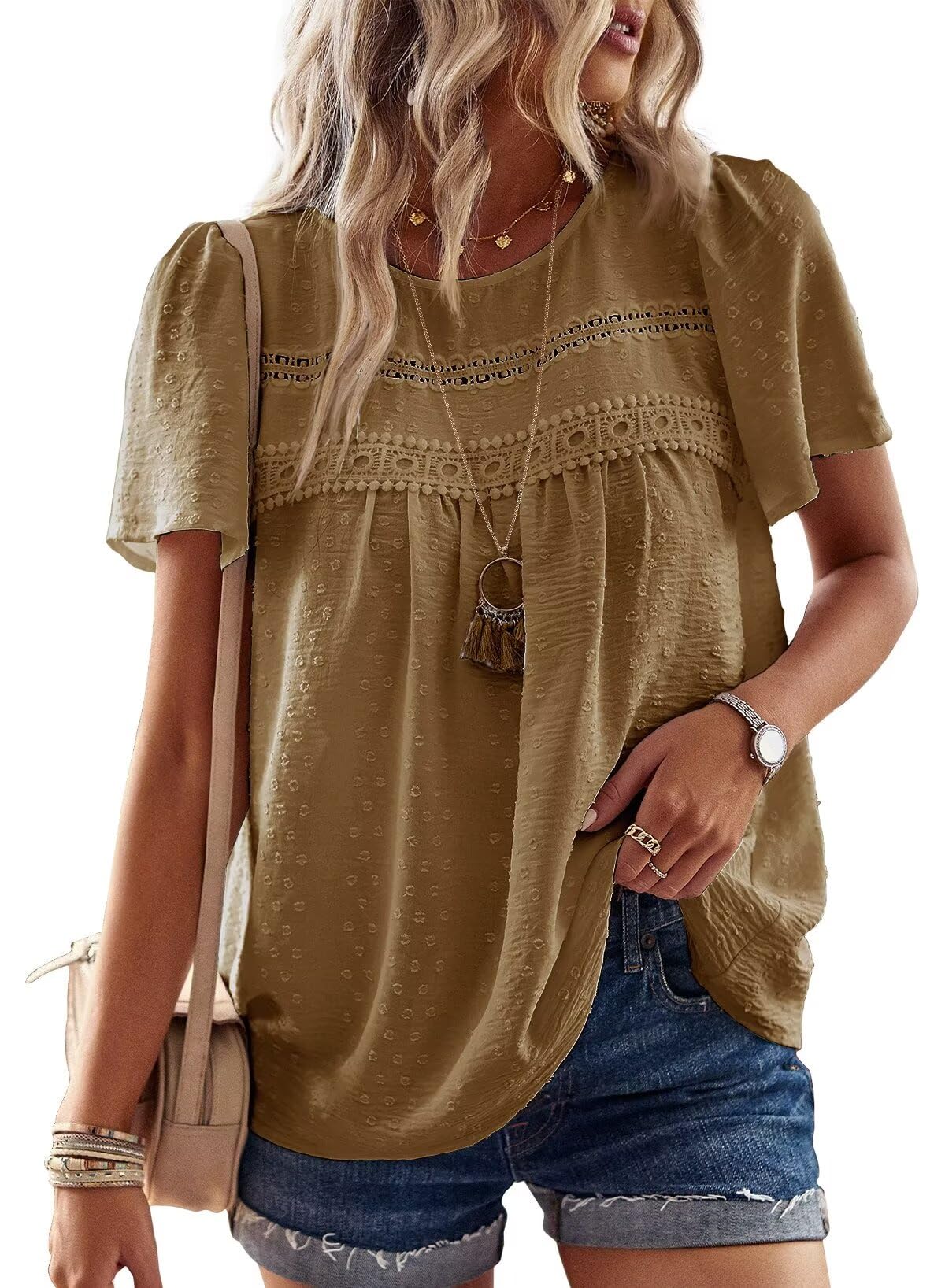 Womens Summer Tops Crewneck Short Sleeve Shirts Casual Chiffon Blouses Flowy Lace Hem Boho Clothing Trendy 2025