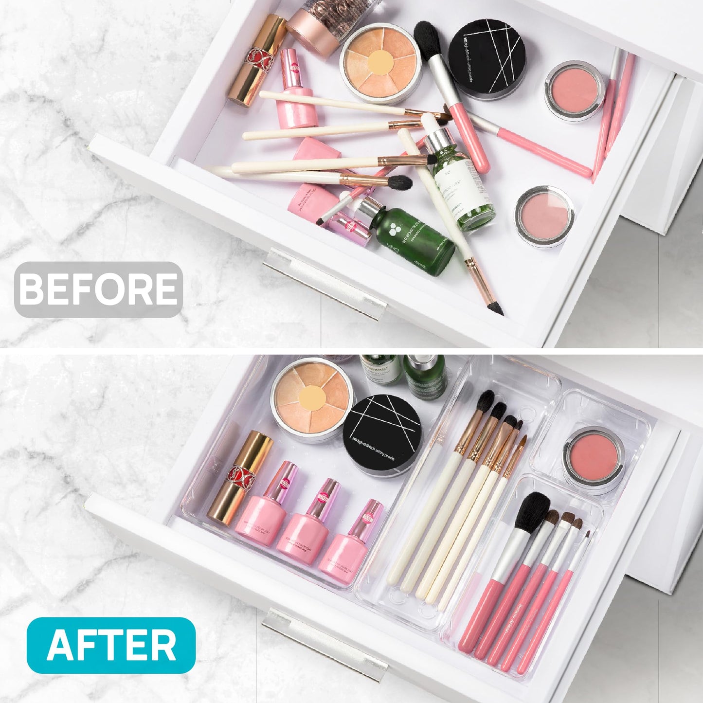 Vtopmart 25 PCS Plastic Clear Drawer Organizer, Acrylic Desk Drawer organizers, Organization and Storage for Makeup, Bathroom, Office, kitchen, Bedroom