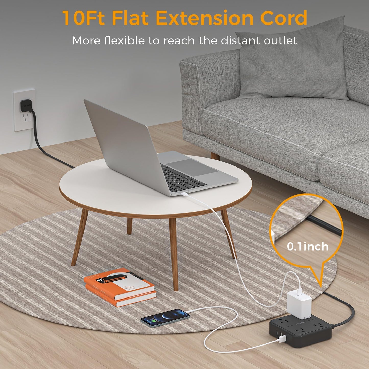 Flat Plug Extension Cord Indoor 5 Feet, Power Bars with Surge Protector, TESSAN Power Strip with 4 Multiple Outlets 3 USB Ports (1 USB C), Surge Protection for Dorm Room Home Office, Gray