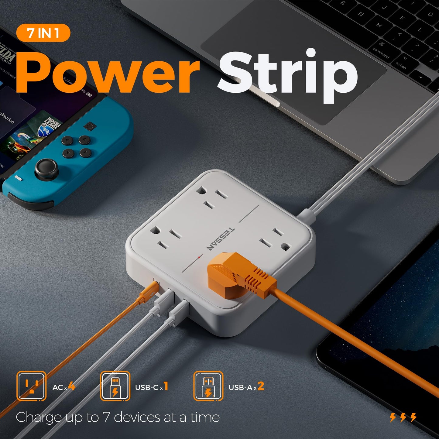 Flat Plug Extension Cord Indoor 5 Feet, Power Bars with Surge Protector, TESSAN Power Strip with 4 Multiple Outlets 3 USB Ports (1 USB C), Surge Protection for Dorm Room Home Office, Gray