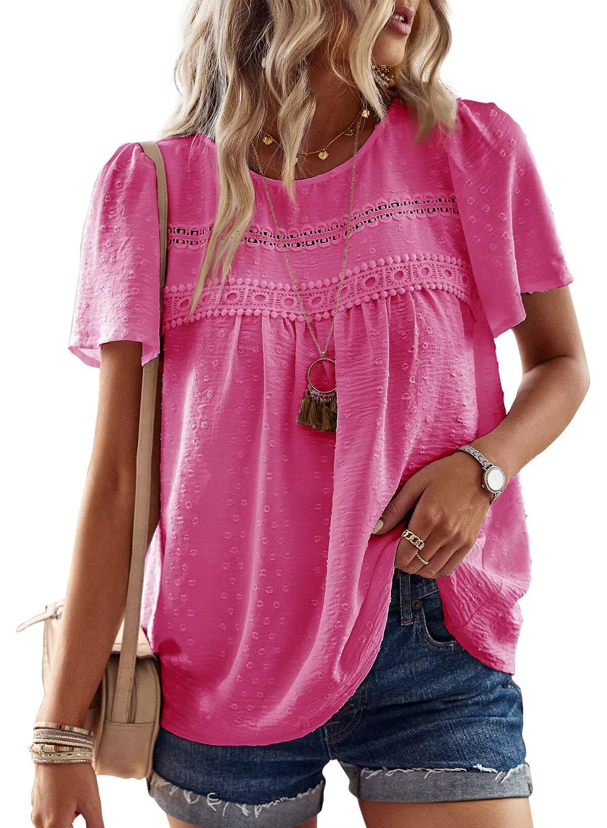 Womens Summer Tops Crewneck Short Sleeve Shirts Casual Chiffon Blouses Flowy Lace Hem Boho Clothing Trendy 2025