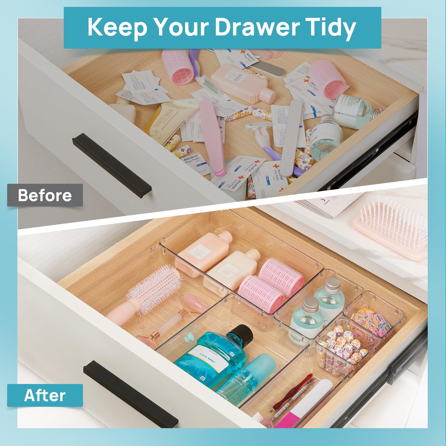 Vtopmart 25 PCS Plastic Clear Drawer Organizer, Acrylic Desk Drawer organizers, Organization and Storage for Makeup, Bathroom, Office, kitchen, Bedroom
