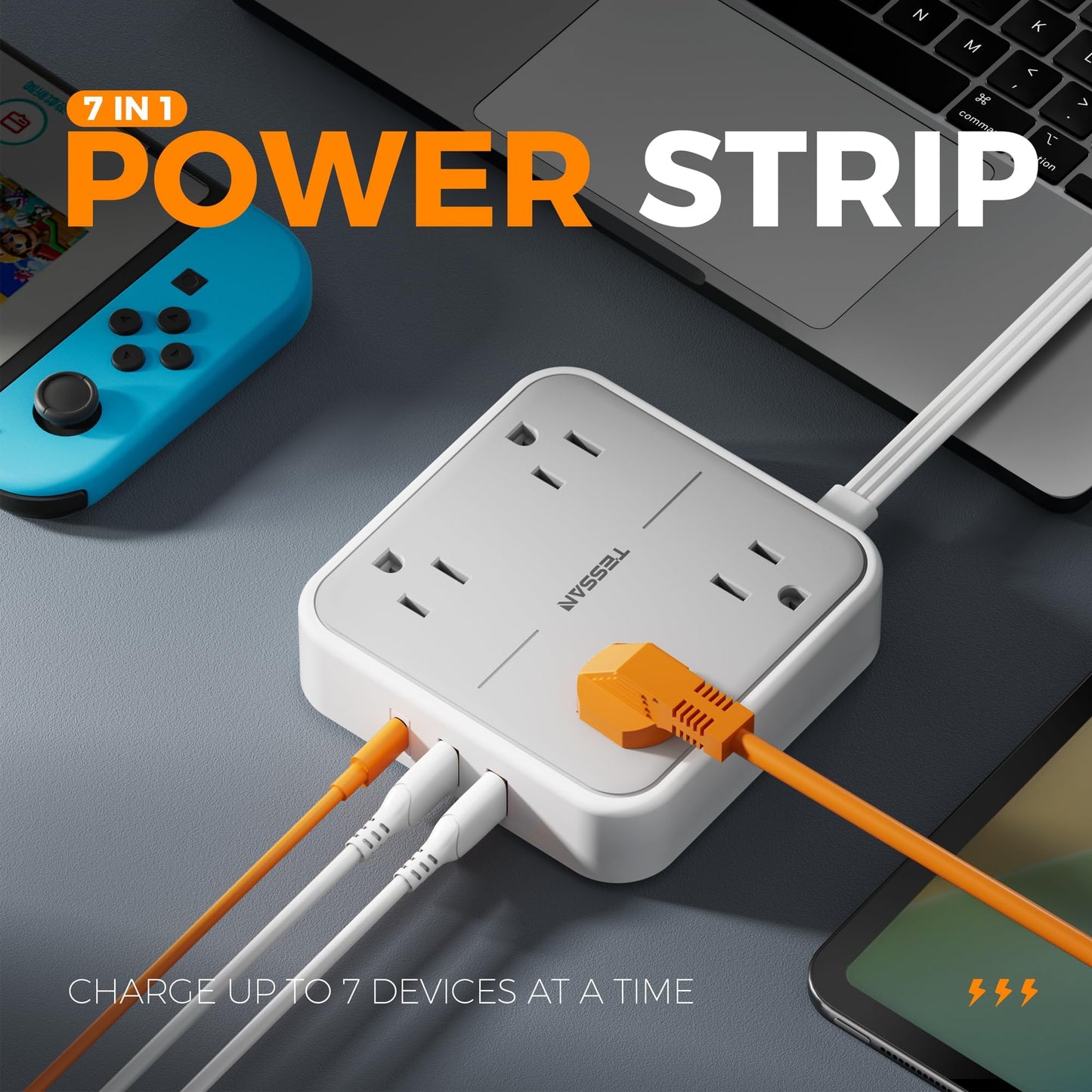 Flat Plug Extension Cord Indoor 5 Feet, Power Bars with Surge Protector, TESSAN Power Strip with 4 Multiple Outlets 3 USB Ports (1 USB C), Surge Protection for Dorm Room Home Office, Gray