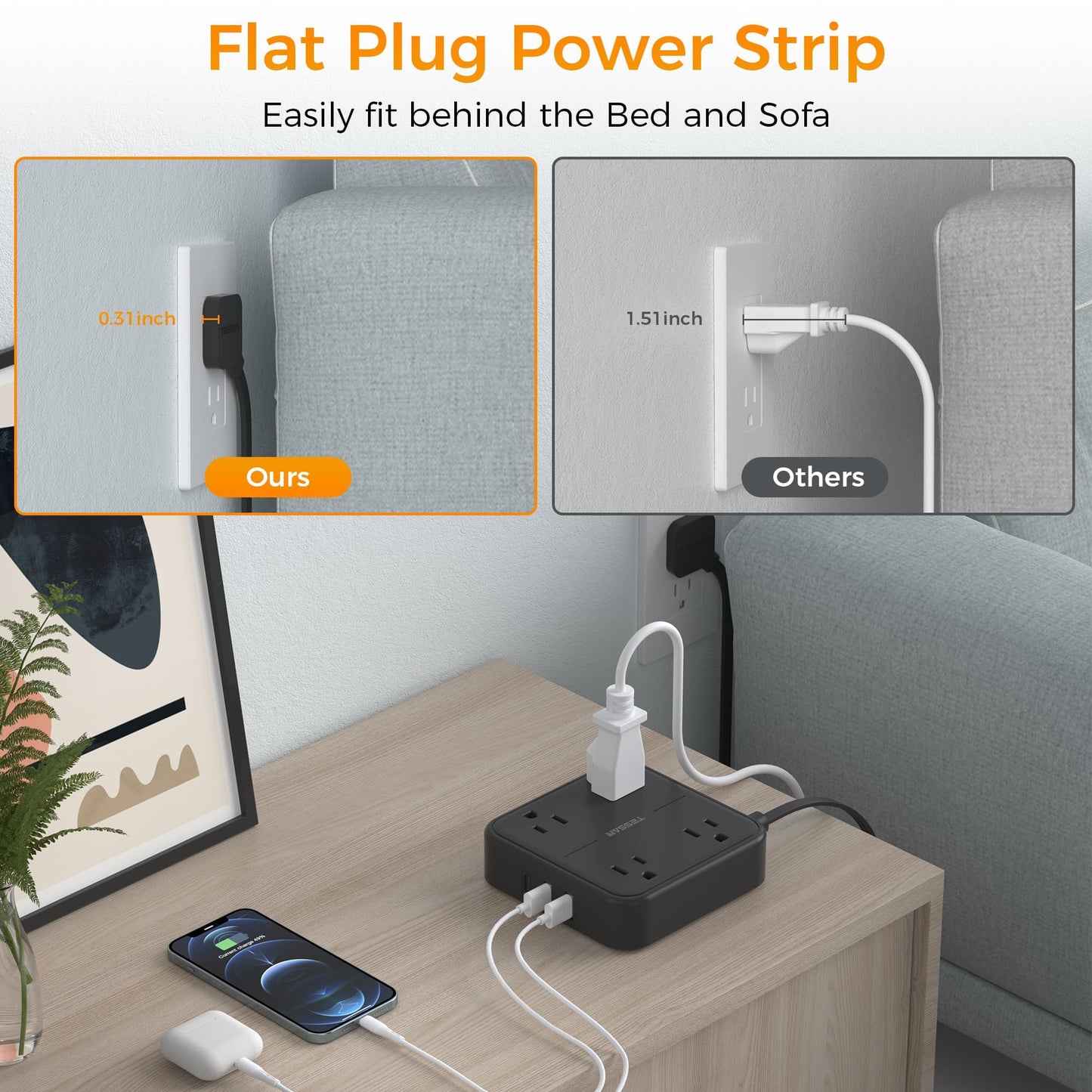 Flat Plug Extension Cord Indoor 5 Feet, Power Bars with Surge Protector, TESSAN Power Strip with 4 Multiple Outlets 3 USB Ports (1 USB C), Surge Protection for Dorm Room Home Office, Gray