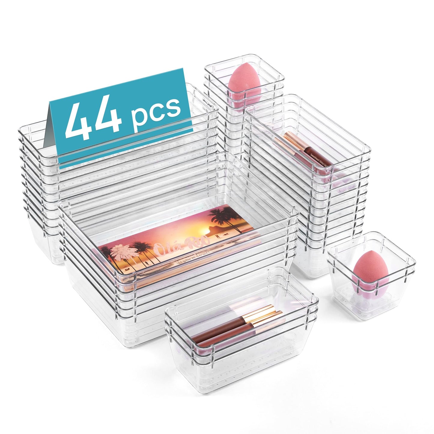 Vtopmart 25 PCS Plastic Clear Drawer Organizer, Acrylic Desk Drawer organizers, Organization and Storage for Makeup, Bathroom, Office, kitchen, Bedroom
