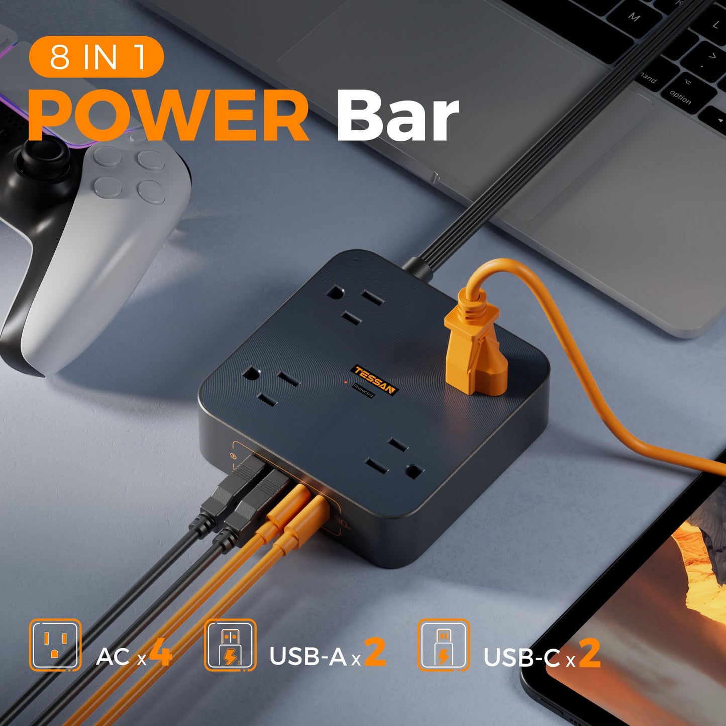 Flat Plug Extension Cord Indoor 5 Feet, Power Bars with Surge Protector, TESSAN Power Strip with 4 Multiple Outlets 3 USB Ports (1 USB C), Surge Protection for Dorm Room Home Office, Gray