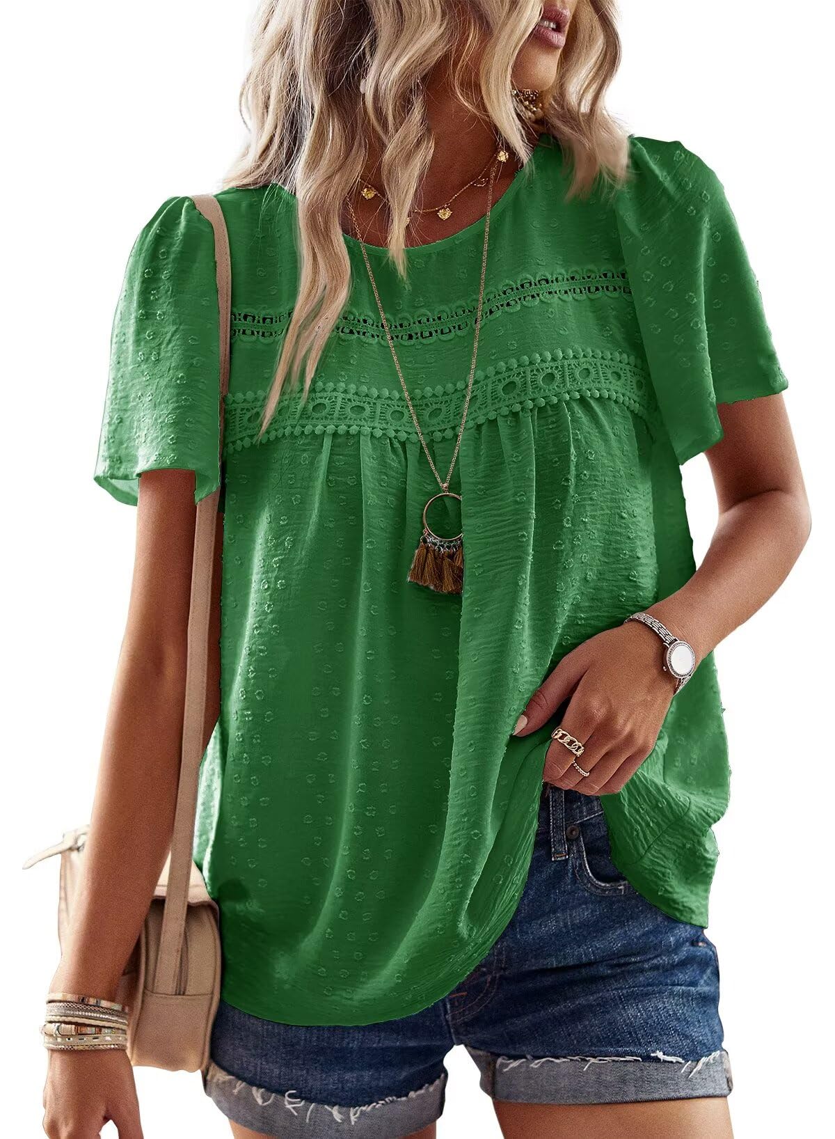 Womens Summer Tops Crewneck Short Sleeve Shirts Casual Chiffon Blouses Flowy Lace Hem Boho Clothing Trendy 2025