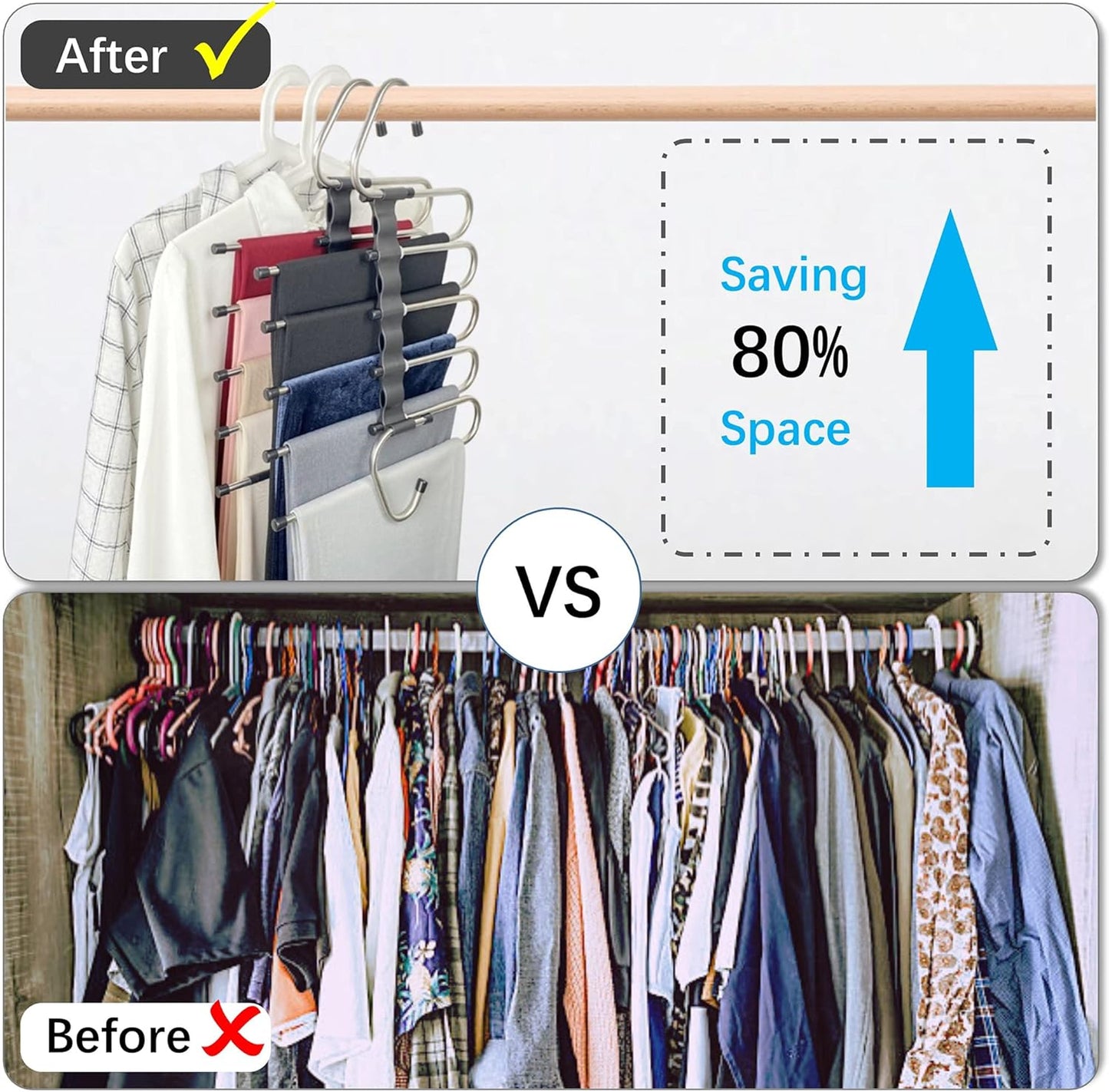 Feerahozer Magic Pants Hangers Space Saving - 2 Pack for Closet Multiple Layers Multifunctional Uses Rack Organizer for Trousers Scarves Slack (2 Pack with 10 Metal Clips)