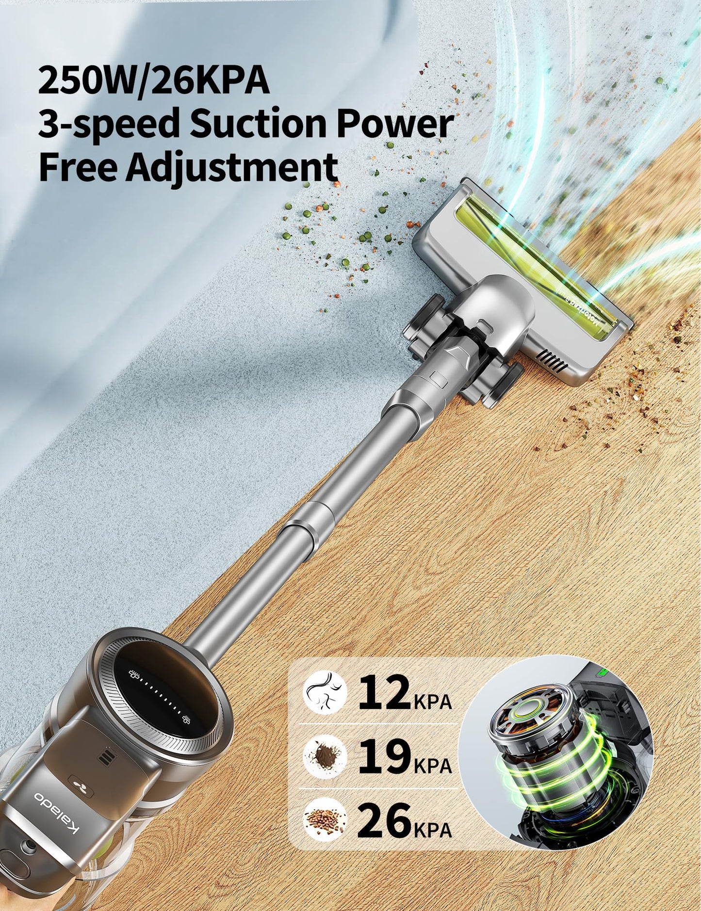 Kalado Cordless Vacuum Cleaners, 26KPA Cordless Stick Vacuum,40Min Detachable Battery,Self -Standing Aspirateur Suction Power Brushless Motor,6 in 1 Carpet Cleaner Machine for Hardwood Floor Hair Car