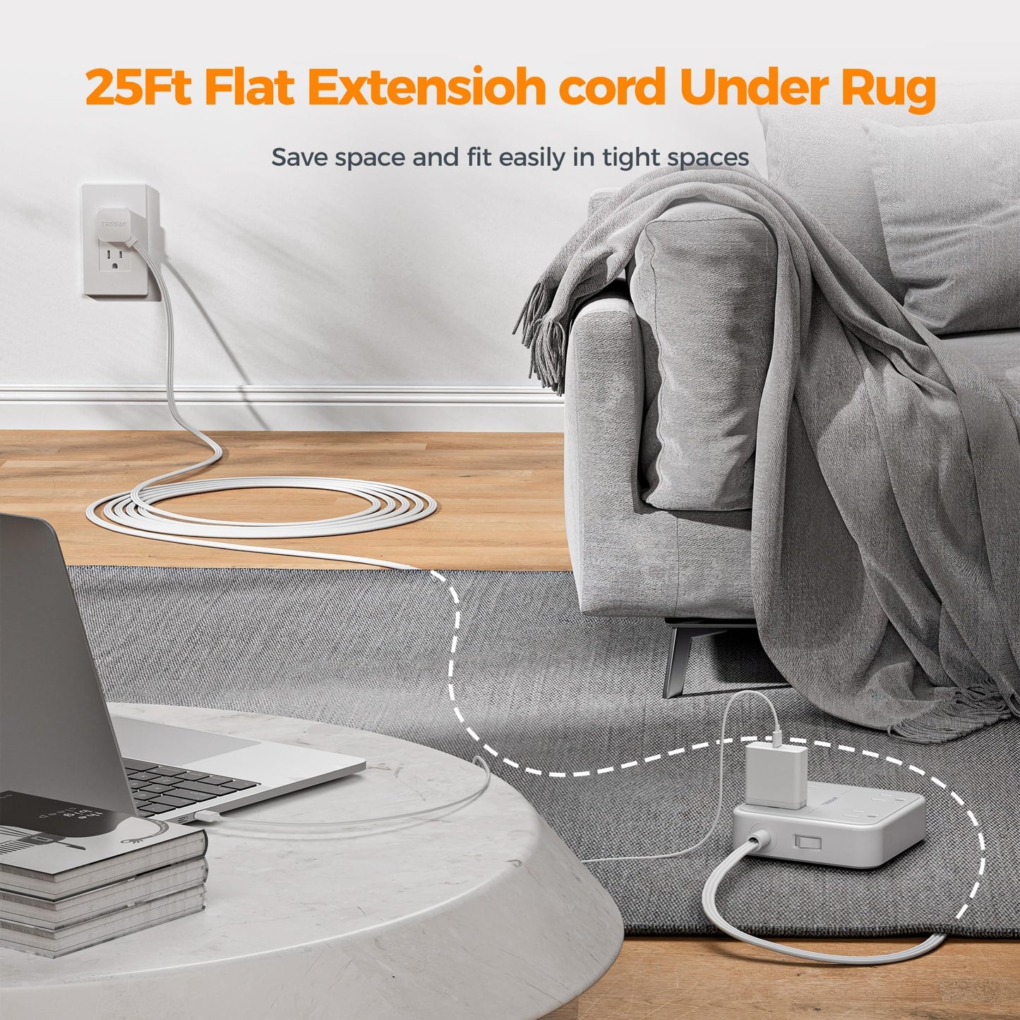 Flat Plug Extension Cord Indoor 5 Feet, Power Bars with Surge Protector, TESSAN Power Strip with 4 Multiple Outlets 3 USB Ports (1 USB C), Surge Protection for Dorm Room Home Office, Gray