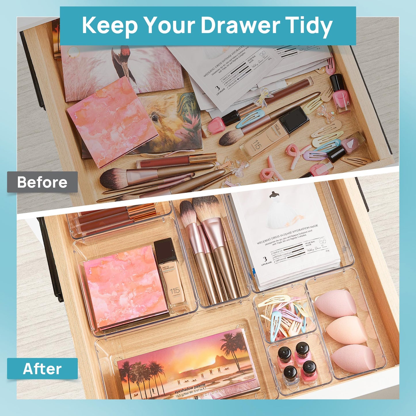 Vtopmart 25 PCS Plastic Clear Drawer Organizer, Acrylic Desk Drawer organizers, Organization and Storage for Makeup, Bathroom, Office, kitchen, Bedroom