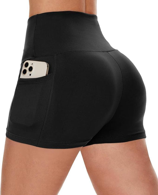 Workout Biker Shorts Women with Pockets - 3"/5" High Waisted Spandex Booty Tummy Control Gym Yoga Shorts